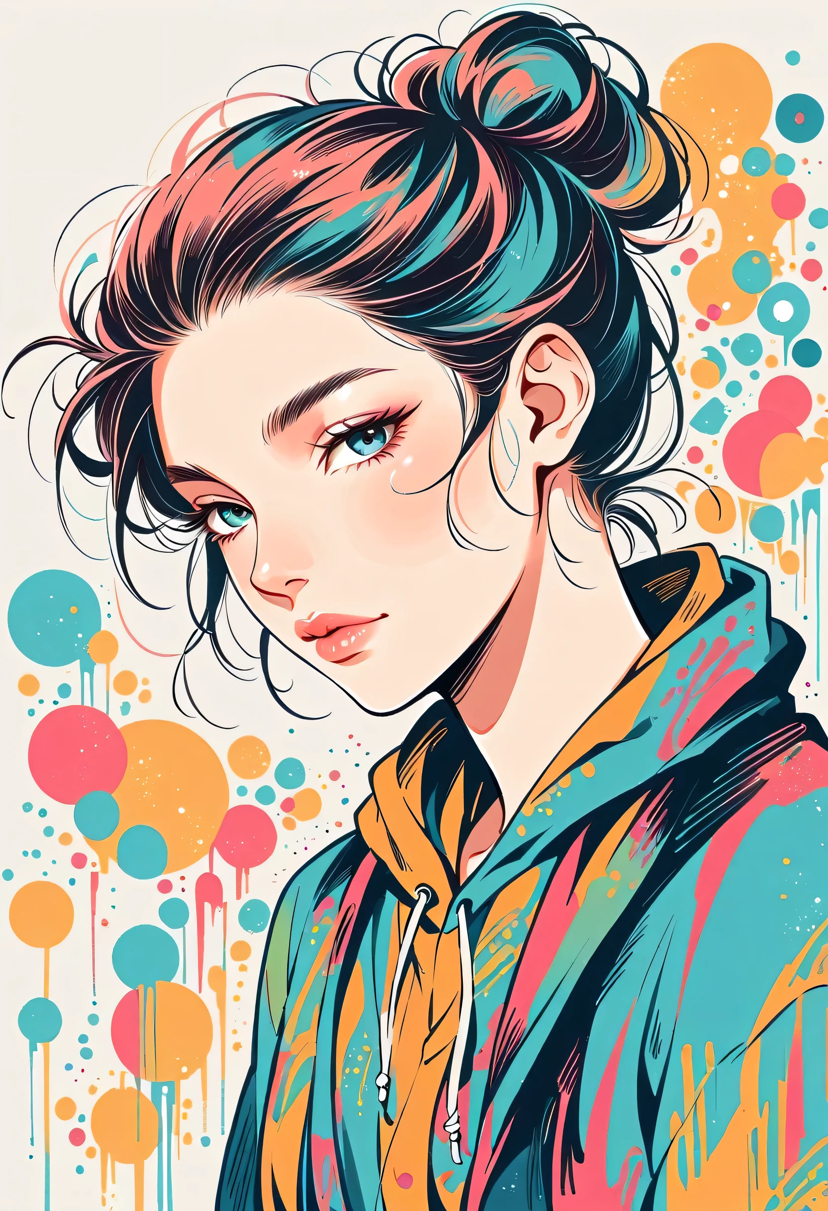 Watase Seizo style, Standing in front of a high wall，Simple Line Initialism，Abstract art，Urban Background, (((The most beautiful girl))), Lips in Love