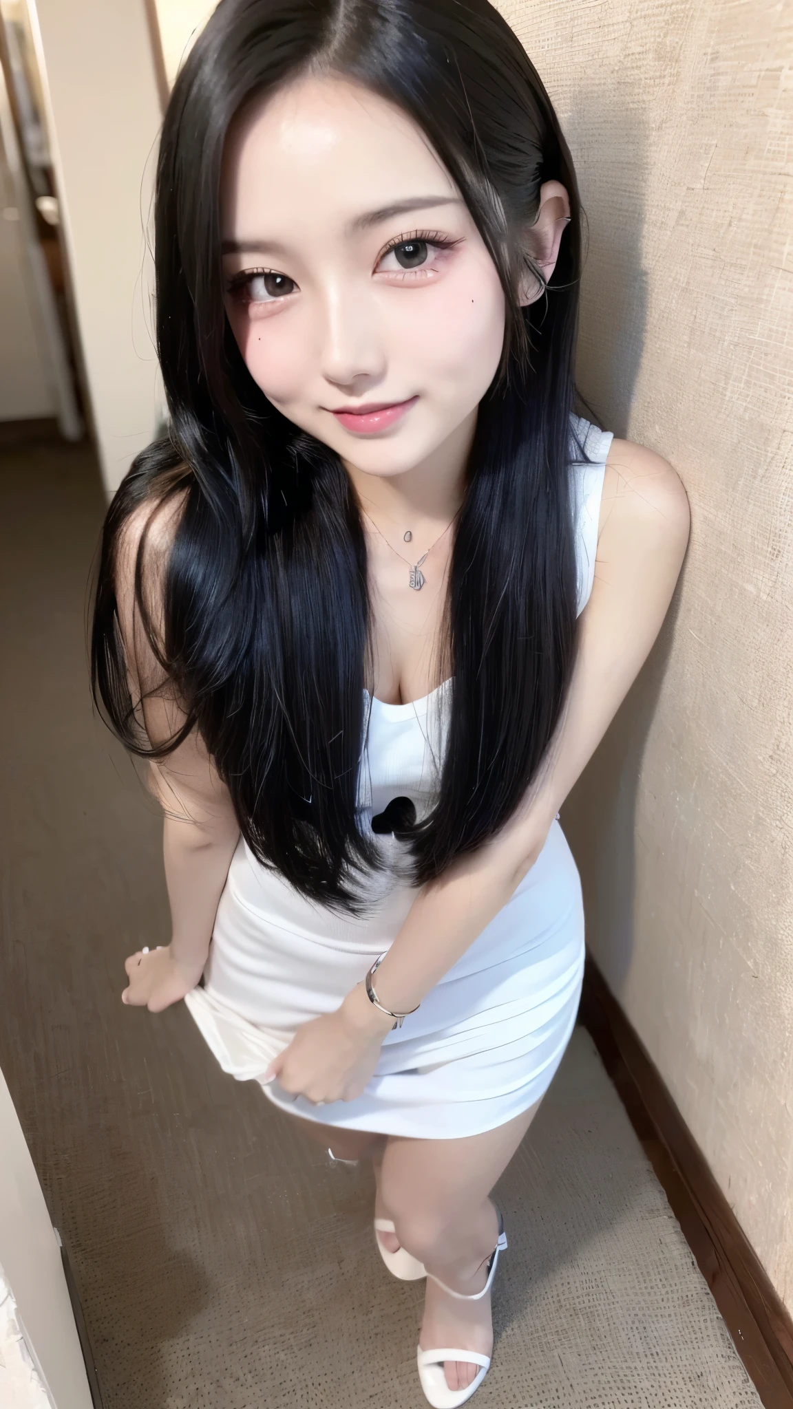 ((((masterpiece, highest quality, High resolution)))), Extremely detailed 8K, Beautiful girl with a voluptuous body, (Ultra HD, Super detailed, Very detailed, Very realistic, Ultra-realistic, Photo Real),Detailed Background,
(cute:1.5),(smile),(Shiny skin:1.3),
Upturned eyes, Small face,Sharp features,Big eyes,(compensate:1.3、jirai girl:1.5, Japanese women),
(Fantastic Cyber City、Midnight, Prostitution Street, clear night sky.:1.3),
break
(Are standing:1.3),(Black Hair),Layered Hairstyles,(Long Hair:1.3),Big Breasts,(Slender figure:1.5),
(Head to knees diagram:1.3),Front face,