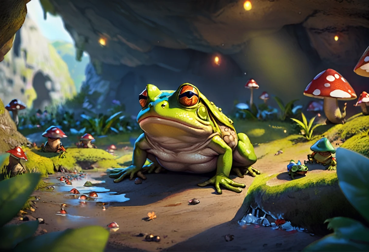 A big dazed colorful goblin sized toad, patiently allowing a bunch of goblins to lick slime off of it, several goblins are stoned (drunk) and passed out nearby, set in a cave, 4k, 8k, highres, masterpiece:1.2, ultra-detailed, realistic, photorealistic, photo-realistic:1.37, HDR, UHD, studio lighting, ultra-fine painting, sharp focus, physically-based rendering, extreme detail description, professional, vivid colors, bokeh, fantasy, surreal, magical realism, cinematic lighting
