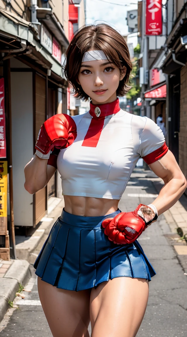 (Muscular:3), (thick thighs:3), 
(sakura kasugano, brown hair, short hair:2), (brown eyes:1.7), 
(eyeshadow, lipstick), 
detailed eyes, (big smile:1.7), detailed skin,
(small breasts:1.5),
(blue skirt, crop top, headband, midriff, miniskirt, navel, sailor collar, school outfit, short sleeves, skirt, stomach, shirt, white shirt, white headband, gloves, red gloves:2), 
(upper body view:1.4), (looking at viewer), (three quarter view),
(japanese street:1.3), rim lighting, two tone lighting, dimly lit