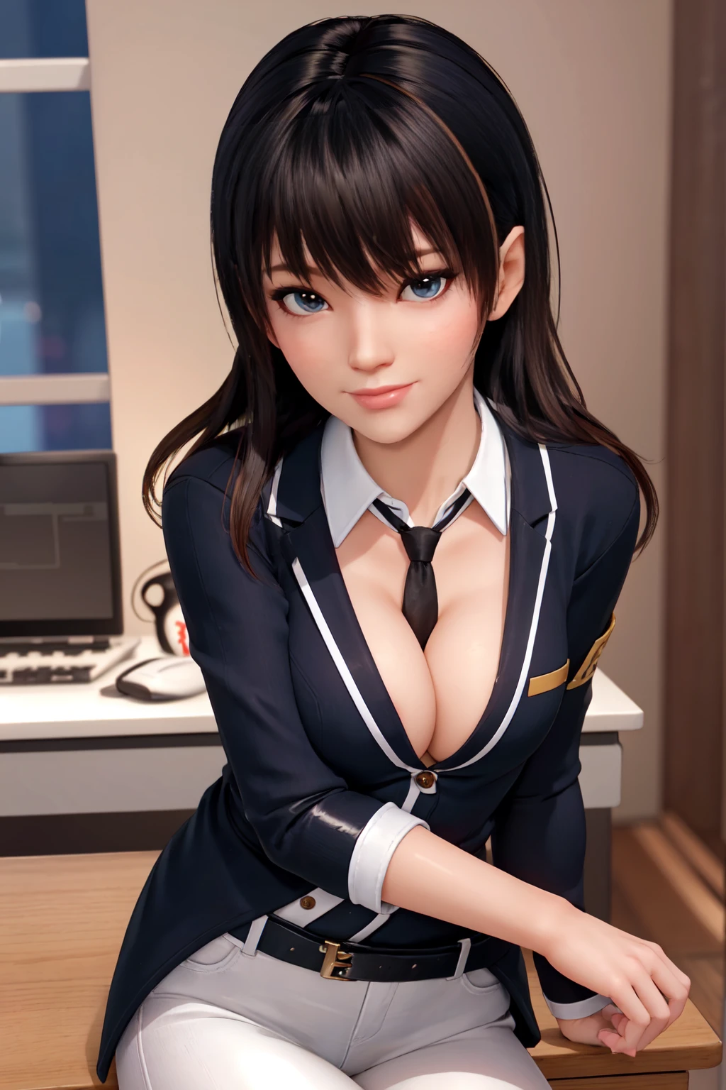 One 18 year old girl, seductively beautiful, (masterpiece, Best quality, High development, high detail), looks at the viewer, (((whole body))), sitting on the office desk, ((Medium tempting breasts)), ((long hair)), seductive girl, ((black business suit)), black lacquered leather jacket, black shock tie, white shock shirt, black patent leather jeans, black leather narrow belt, ((Latex)), (Slim waist, mid thigh, seductive blue eyes, nice smile).