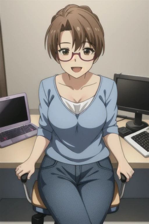Woman sitting at a desk with a laptop and a microphone, Sit in front of the microphone, Twitch Streamer, Twitch Streamer/Gamer Ludwig, Be interviewed, An accurate portrait, Taking the lead with a smile, h3h3, With a happy expression, Precise Representation, In front of the computer, Trend Art, Shutterstock, Studio shot, Very expressive, Realistic Anime, Drawn,
