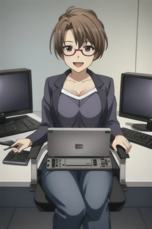Woman sitting at a desk with a laptop and a microphone, Sit in front of the microphone, Twitch Streamer, Twitch Streamer/Gamer Ludwig, Be interviewed, An accurate portrait, Taking the lead with a smile, h3h3, With a happy expression, Precise Representation, In front of the computer, Trend Art, Shutterstock, Studio shot, Very expressive, Realistic Anime, Drawn,