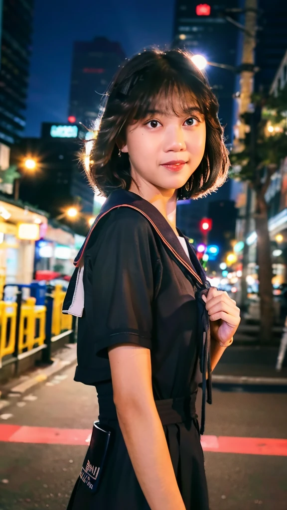 best quality, ultra high res, (photorealistic:1.4), 1girl, the girl wearing black sailor uniform, 80s short hair, night, Shops background, cinematic lighting, detailed face , looking at viewer, front view, blurry background