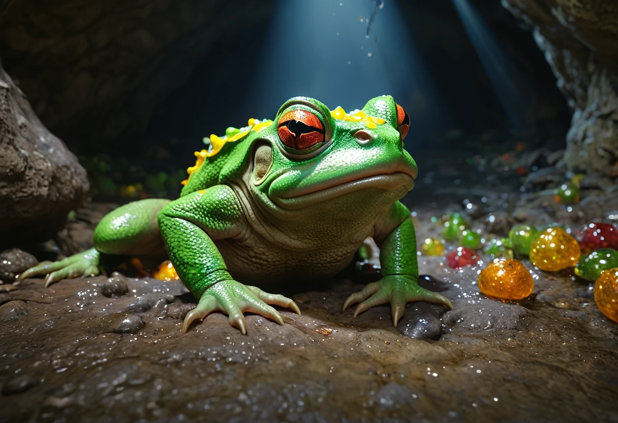 A big dazed colorful goblin sized toad, patiently allowing a bunch of goblins to lick slime off of it, several goblins are stoned (drunk) and passed out nearby, set in a cave, 4k, 8k, highres, masterpiece:1.2, ultra-detailed, realistic, photorealistic, photo-realistic:1.37, HDR, UHD, studio lighting, ultra-fine painting, sharp focus, physically-based rendering, extreme detail description, professional, vivid colors, bokeh, fantasy, surreal, magical realism, cinematic lighting
