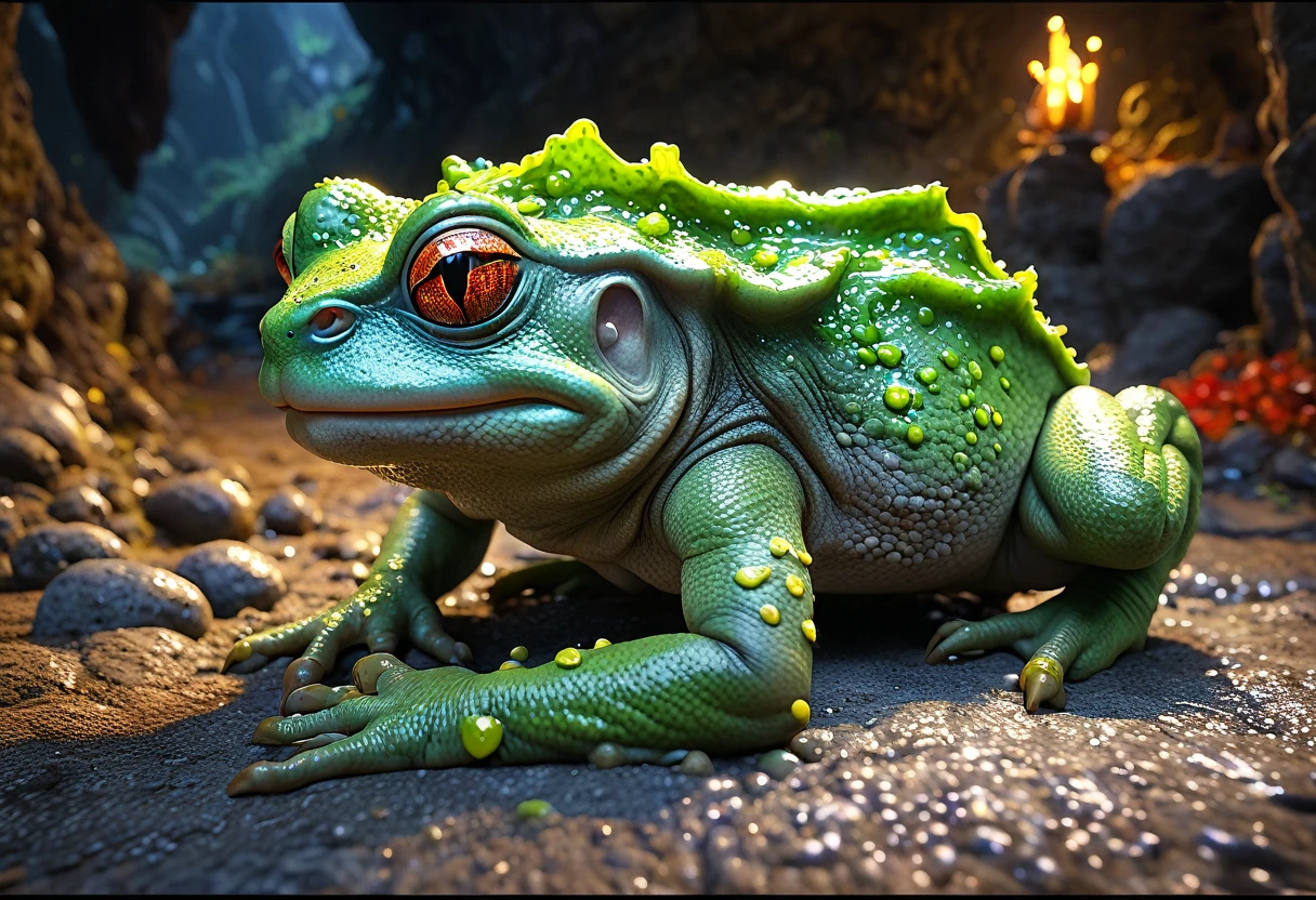 A big dazed colorful goblin sized toad, patiently allowing a bunch of goblins to lick slime off of it, several goblins are stoned (drunk) and passed out nearby, set in a cave, 4k, 8k, highres, masterpiece:1.2, ultra-detailed, realistic, photorealistic, photo-realistic:1.37, HDR, UHD, studio lighting, ultra-fine painting, sharp focus, physically-based rendering, extreme detail description, professional, vivid colors, bokeh, fantasy, surreal, magical realism, cinematic lighting