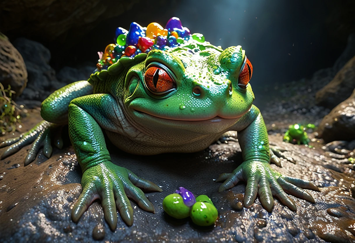 A big dazed colorful goblin sized toad, patiently allowing a bunch of goblins to lick slime off of it, several goblins are stoned (drunk) and passed out nearby, set in a cave, 4k, 8k, highres, masterpiece:1.2, ultra-detailed, realistic, photorealistic, photo-realistic:1.37, HDR, UHD, studio lighting, ultra-fine painting, sharp focus, physically-based rendering, extreme detail description, professional, vivid colors, bokeh, fantasy, surreal, magical realism, cinematic lighting
