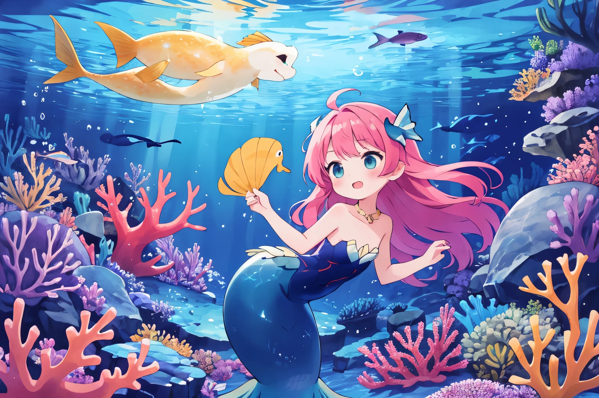 mermaidsmt, Fantasy art, moonlight, (The Little Mermaid), mystery的な光, Swimming, Fantasy, Marine Life, mystery的な景色, Vibrant colors, seabed, coral, Reflection of light, In the water, Transparency, Shine, elegant, Long Hair, Flowing, (Mermaid), magic, dream, Romantic, beautiful, Enchantment, deep sea, Sea foam, Starry Sky, Clear water, illumination, mystery, Mystic, (Cowboy Shot)