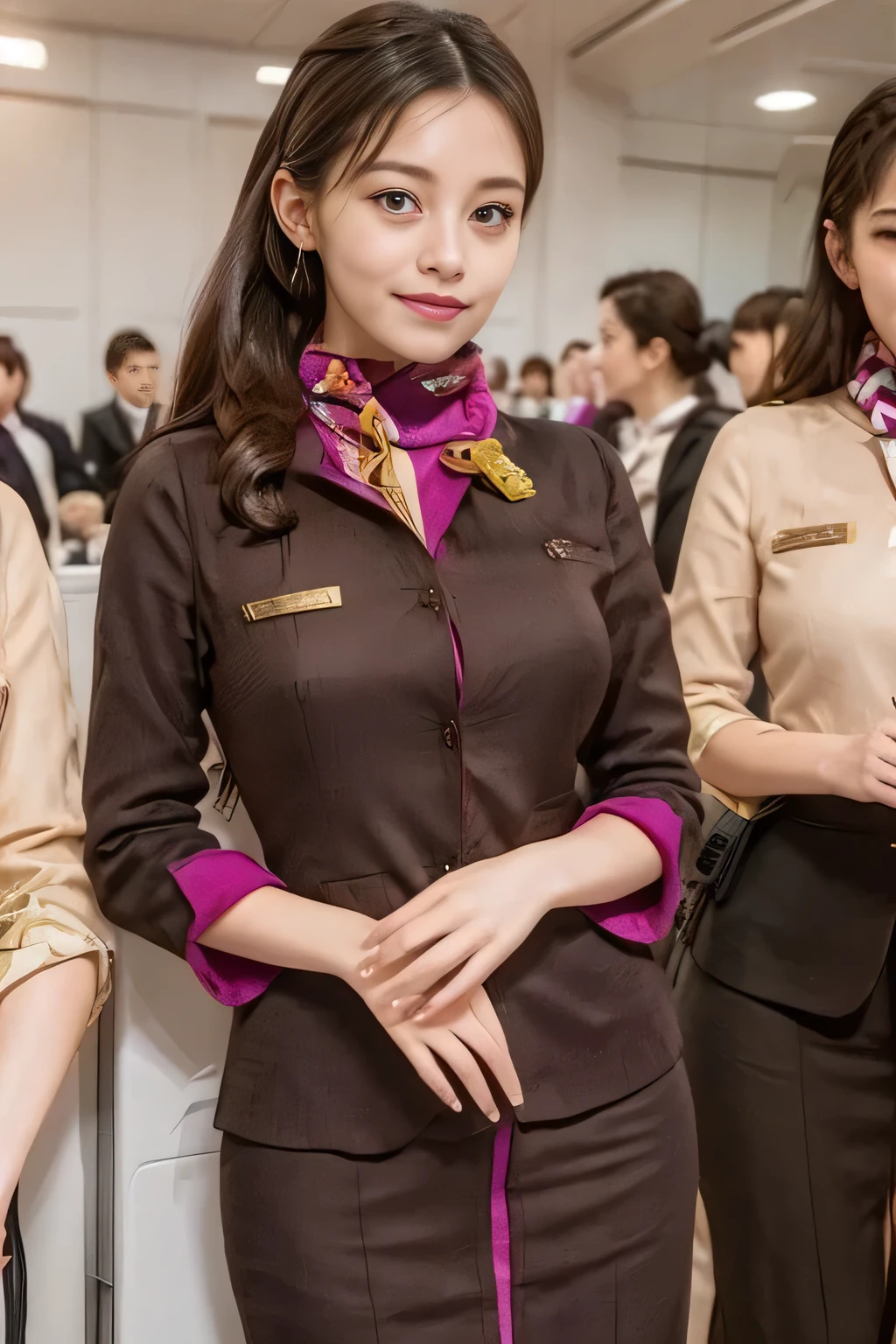 (masterpiece:1.2、highest quality:1.2)、32K HDR、High resolution、(alone、1 girl、Slim figure)、(A realistic reproduction of the ETIHAD Airways Cabincrew Uniform)、 (At the airport lounge, Professional Lighting)、Airport lounge wall background、A proper woman, Beautiful Face,、(Long sleeve ETIHAD Airways Cabincrew Uniform)、(ETIHAD Airways Cabincrew Uniform skirt with purple stripe on the front)、(scarf on chest)、Big Breasts、(Long Hair Up、Hair Bun)、Dark brown hair、Long Shot、((Great hands:2.0))、((Harmonious body proportions:1.5))、((Normal limbs:2.0))、((Normal finger:2.0))、((Delicate eyes:2.0))、((Normal eyes:2.0)))、Beautiful standing posture、smile、Place your hands around your stomach