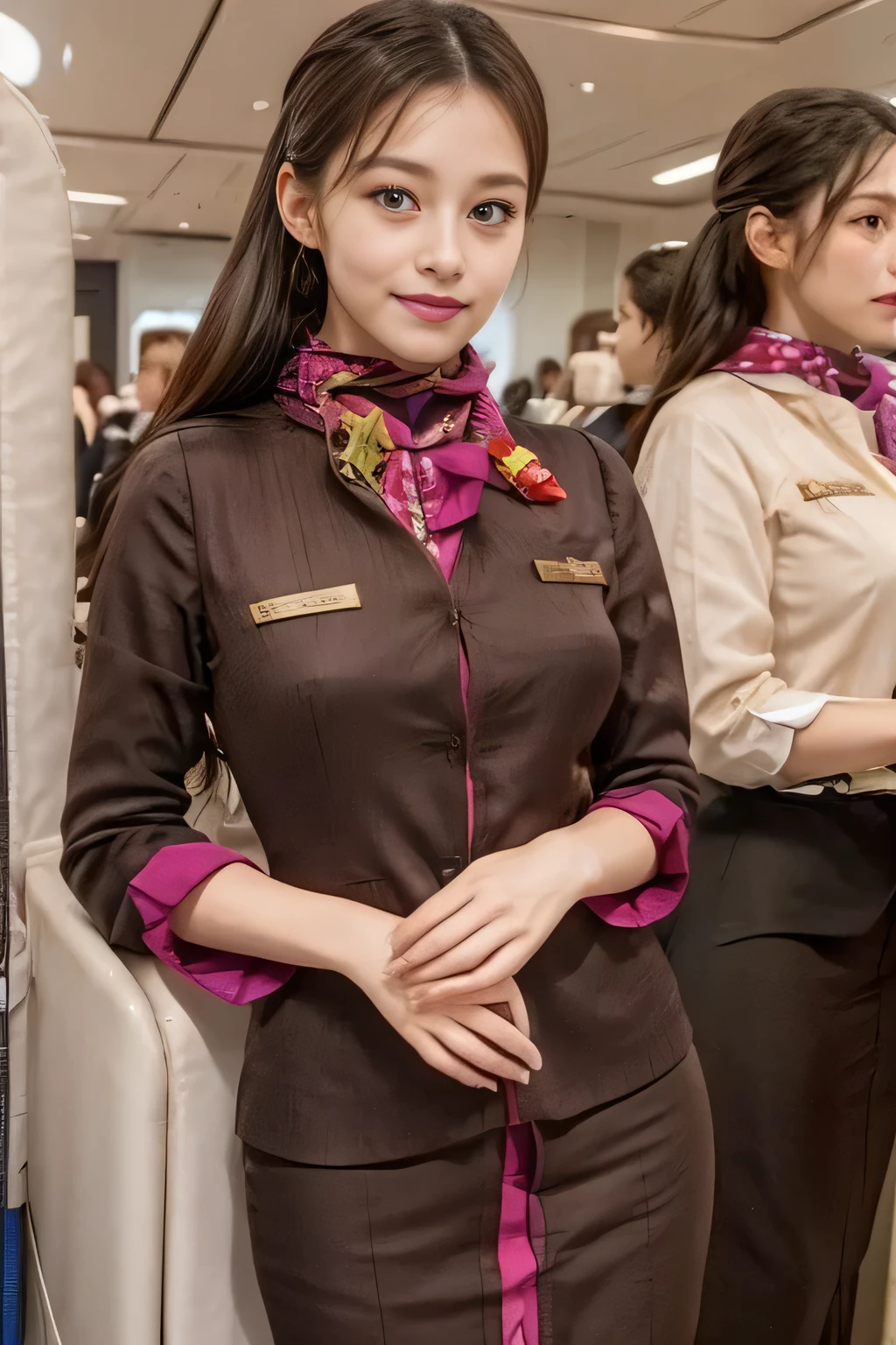 (masterpiece:1.2、highest quality:1.2)、32K HDR、High resolution、(alone、1 girl、Slim figure)、（A realistic reproduction of the ETIHAD Airways Cabincrew Uniform）、 (At the airport lounge, Professional Lighting)、Airport lounge wall background、A proper woman, Beautiful Face,、（Long sleeve ETIHAD Airways Cabincrew Uniform）、（ETIHAD Airways Cabincrew Uniform skirt with purple stripe on the front）、（scarf on chest）、Big Breasts、（Long Hair Up、Hair Bun）、Dark brown hair、Long Shot、（（Great hands：2.0））、（（Harmonious body proportions：1.5））、（（Normal limbs：2.0））、（（Normal finger：2.0））、（（Delicate eyes：2.0））、（（Normal eyes：2.0））)、Beautiful standing posture、smile、Place your hands around your stomach