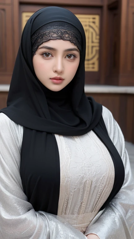 (Masterpiece, top quality, best quality, official art, beautiful and aesthetic: 1.2)
(1girl)
(Hyuga Hinata from Naruto anime, long black hair, radiant white eyes, captivating with Byakugan eyes)
(Beautiful, ethnic allure in Black clothes)
(Majestically posing against a mosque background, wearing a hijab that covers her head)
(Ultra detail, realistic representation of fabric texture, wrinkles, and intricate hijab design)
(Her mesmerizing eyes reflecting tranquility and strength, gaze fixed on the viewer)
Proportional body, perfect body figure, alluring, glamorous, y, portrait, bighapely, curvy