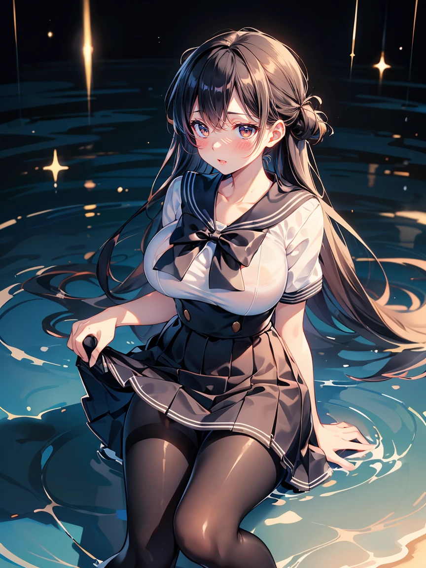 (highest quality), Super detailed), (Ultra High Resolution 8K), High-definition facial beauty, ((Skirt Lift)), A plain girl with glasses, (Big Breasts), (Looking up;1.3), Detailed sailor suit, Showing panties , (Blushing, Embarrassing), Very hot day, Shade, ((pantyhose, Sit down)), Panties that are damp, Makoto Shinkai Cyril Rolando