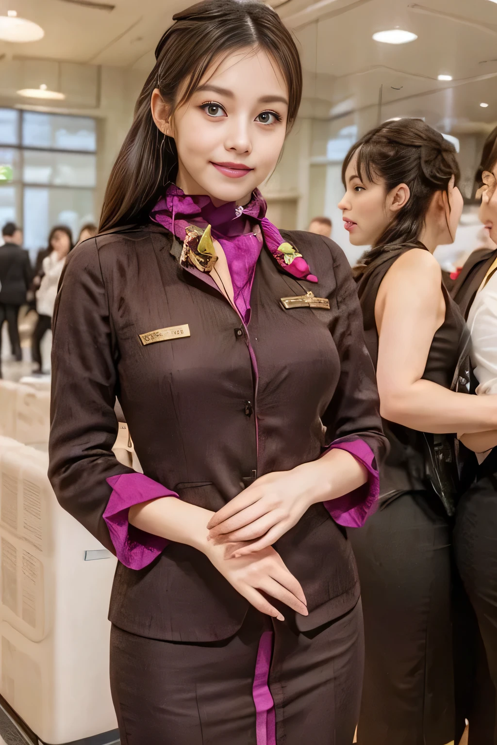 (masterpiece:1.2、highest quality:1.2)、32K HDR、High resolution、(alone、1 girl、Slim figure)、（A realistic reproduction of the ETIHAD Airways Cabincrew Uniform）、 (At the airport lounge, Professional Lighting)、Airport lounge wall background、A proper woman, Beautiful Face,、（Long sleeve ETIHAD Airways Cabincrew Uniform）、（ETIHAD Airways Cabincrew Uniform skirt with purple stripe on the front）、（scarf on chest）、Big Breasts、（Long Hair Up、Hair Bun）、Dark brown hair、Long Shot、（（Great hands：2.0））、（（Harmonious body proportions：1.5））、（（Normal limbs：2.0））、（（Normal finger：2.0））、（（Delicate eyes：2.0））、（（Normal eyes：2.0））)、Beautiful standing posture、smile、Place your hands around your stomach