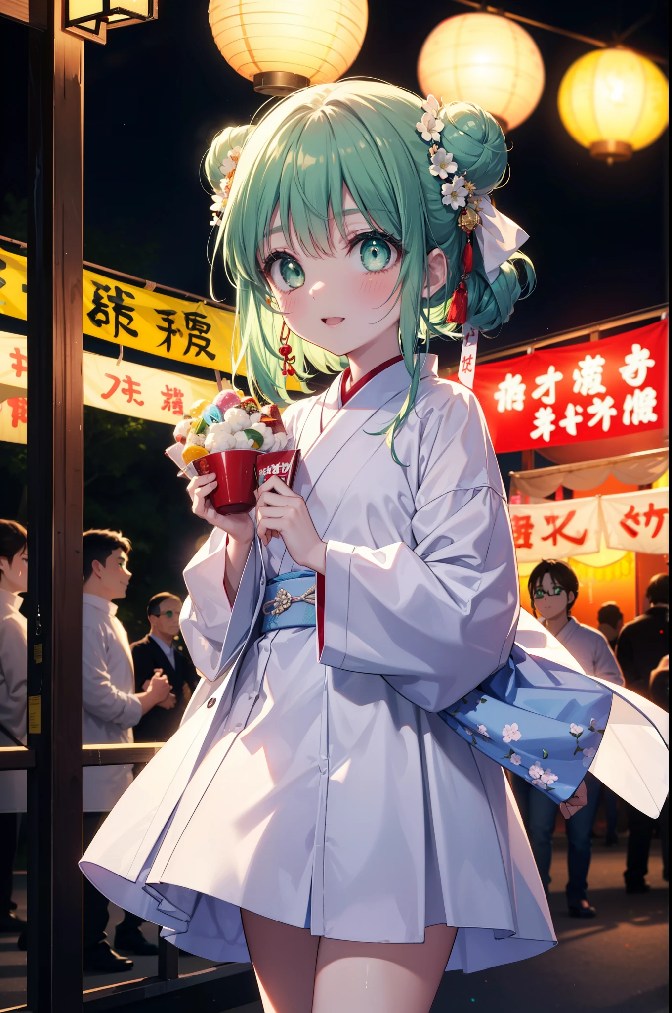 index, index, (Green Eyes:1.5), Blue Hair, Long Hair, (Flat Chest:1.2),smile,blush,Happy atmosphere,Open your mouth,Long Hair,Hair Bun, double  Hair Bun,White bathrobe,Long sleeve,mini skirt,Sandals,night空の花火,Fireworks display,Japanese Festivals,Summer festival food stalls,Red Lantern, night,whole bodyがイラストに入るように,Looking down from above,He is holding cotton candy in his right hand,
break outdoors, shrine,                                              break looking at viewer,whole body,(Cowboy Shot:1. 5)
break (masterpiece:1.2), highest quality, High resolution, unity 8k wallpaper, (shape:0.8), (Beautiful and beautiful eyes:1.6), Highly detailed face, Perfect lighting, Extremely detailed CG, (Perfect hands, Perfect Anatomy),