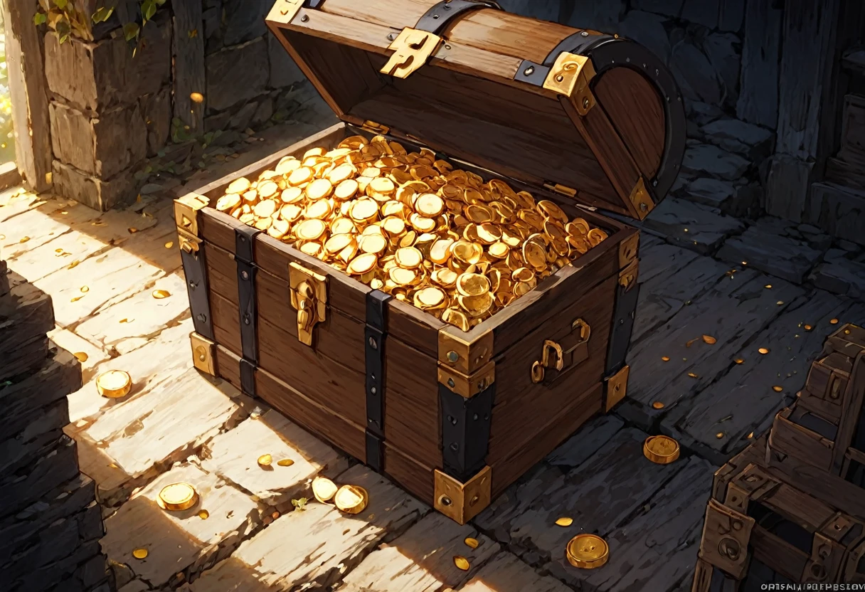 Old treasure chest full of gold and jewels in dark ruins, (masterpiece), highest quality, High resolution, 4K, 8k, Intricate details, Cinema Lighting, Great quality, Great shade, Soft lighting, Detail view, Official Artwork, Anime Style, wallpaper, Official Art