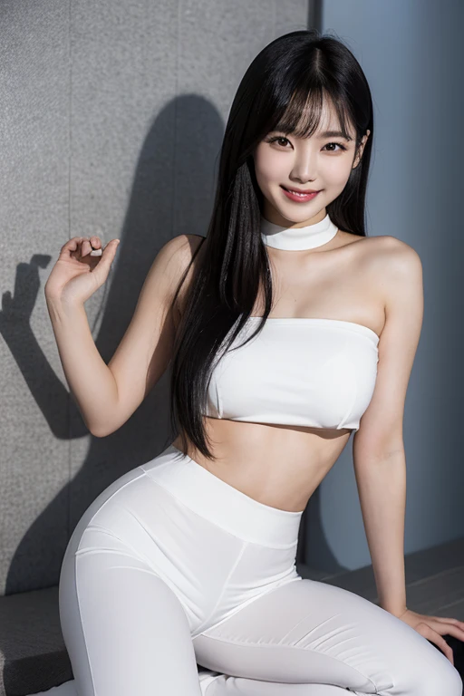 Korean woman, Kwon Eunbi, very long cut, black hair, flat bangs hair, sexy woman, K-pop idol, smiling, single woman, large breasts, white strapless tube top, white mini legging pants, white knee high boots, pose sexy