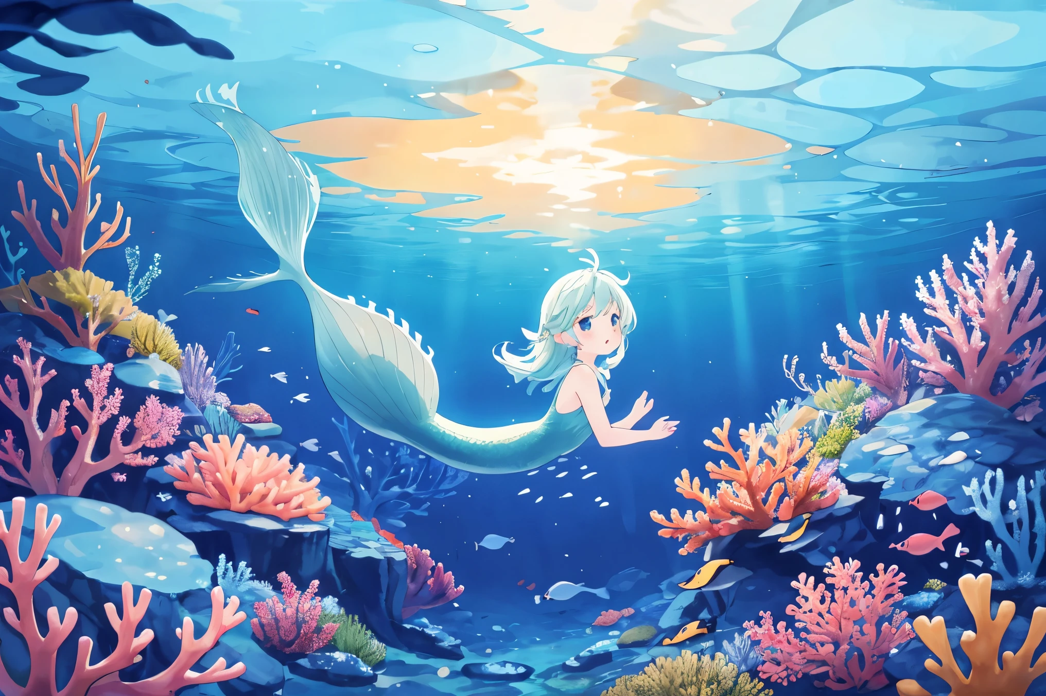 mermaidsmt, Fantasy art, moonlight, (The Little Mermaid), mystery的な光, Swimming, Fantasy, Marine Life, mystery的な景色, Vibrant colors, seabed, coral, Reflection of light, In the water, Transparency, Shine, elegant, Long Hair, Flowing, (Mermaid), magic, dream, Romantic, beautiful, Enchantment, deep sea, Sea foam, Starry Sky, Clear water, illumination, mystery, Mystic, (Cowboy Shot)