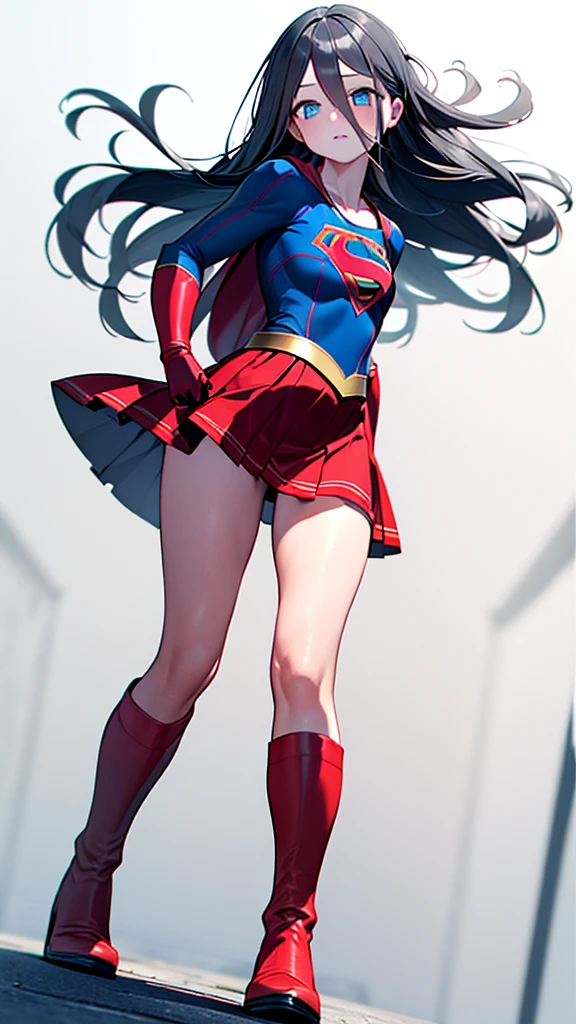 (full body), (masterpiece:1.2), (Highest_quality:1.2), (Ultra_detailed:1.3), 8k,Low - Angle，From below，Big Butt Girl, Medium chest, Pose in front,Bare legs，Red Boots，3D Rendering,( Supergirl)，Black Hair，Long Hair，Blue eyes，Red Skirt，the skirt is short,，A blue leotard is visible under the skirt.，The skirt is blown up by the wind，Red Cape，Gloves，Simple Background，White Background，