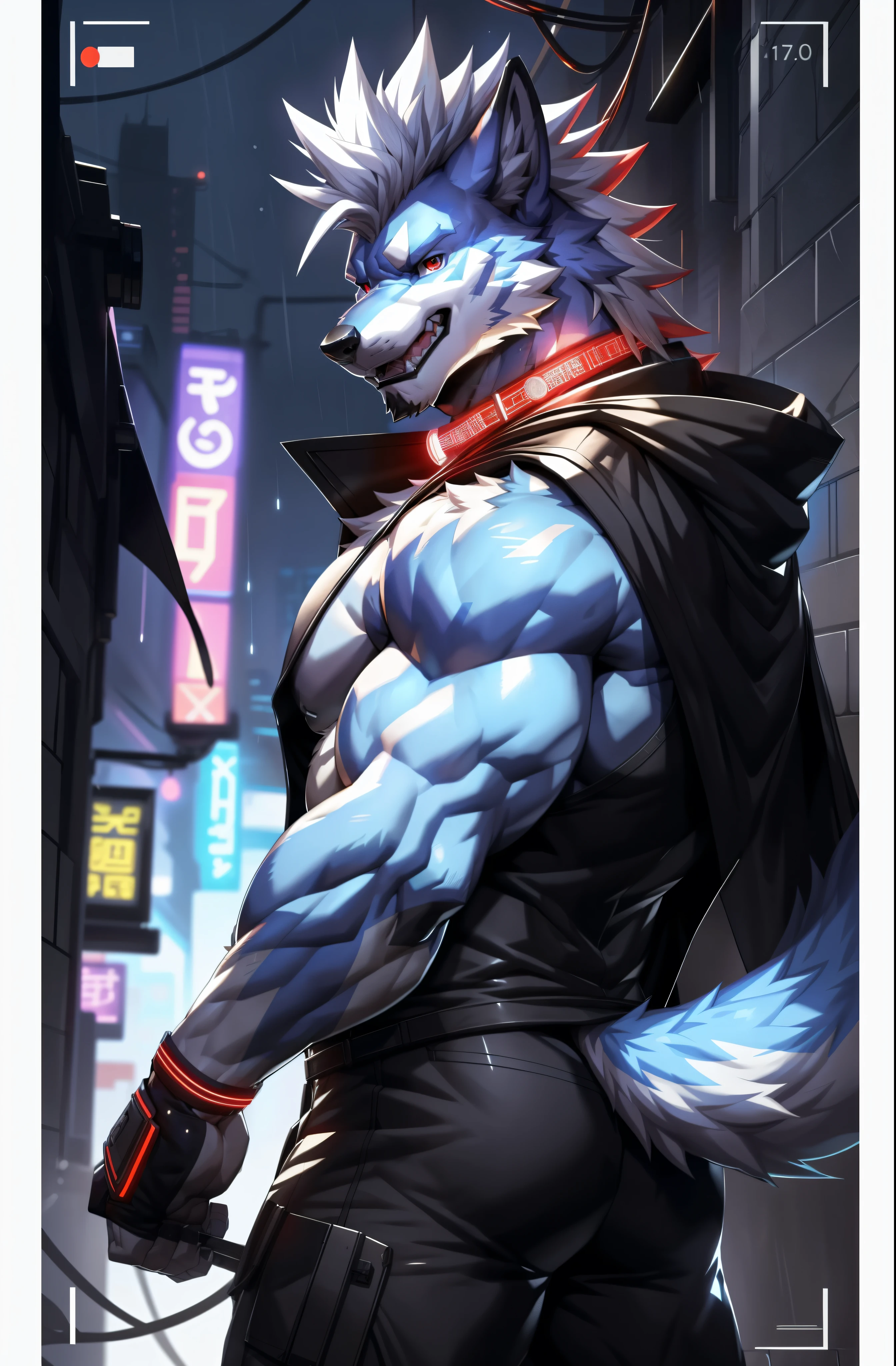 solo, anthro, furry, furry male, wolf, ((fluffy fur, fluffy, furry body)), (wolf print), red eyes, hair tuft, long hair, (light blue body, blue body, muscles), wolf tail, ((white hair, mohawk hair)), (white muzzle, white forearms), Camera Recording POV, Camera POV, security footage pov, detailed fluffy fur, detailed face, detailed eyes, black cloak, black cloak covering whole body, cloak over body, black tank top, skintight bodysuit, smaller arms (full body, round ass, fluffy ass, Red LED glowing collar), cyberpunk, valorant,(by DRKS, by raccoon21, by Sollyz, by null-ghost, masterpiece, high quality,hi res,8k hd), close-view portrait, looking at viewer, night, bleeding, outdoors, dark alleyway, ruined city, cute face, open mouth, teeth, detailed teeth, grinning expression, raining, dreary night, camera view angled from above, heavy shadows, athletic build,