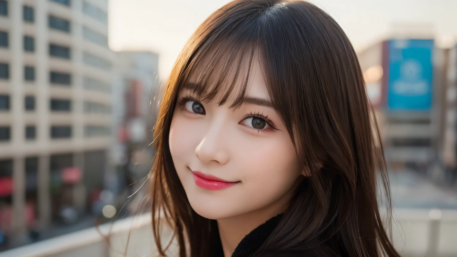 table top, highest quality, shape, Super detailed, finely, High resolution, 8k wallpaper, Perfect dynamic composition, beautiful and detailed eyes, Gorgeous and stylish black fluffy latest Tokyo winter clothes,Random cute hair,small breasts,natural color lip, bold sexy pose,smile、20 year old girl、cute、sexy shot looking at camera,Always blur the background,perfect and beautiful face,Take only the face,beautiful and detailed face、slim face and style,Big eyes、Do gal makeup