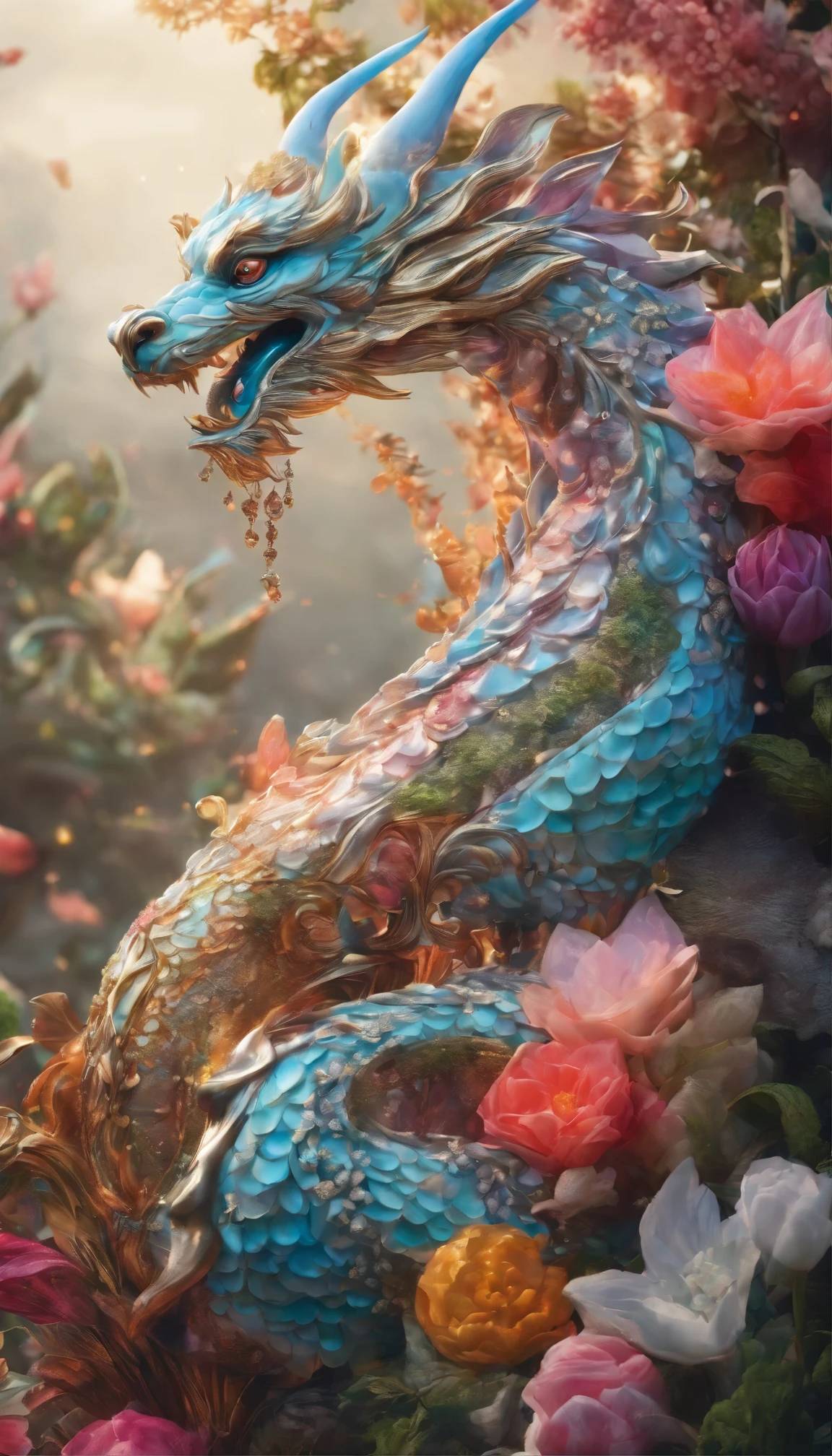 All expressed with jewels, the arrival of spring, various beautiful colorfull dragon dancing in the sky, angles looking up from below, various jewels falling from the sky, wonderful and beautiful superb view, slightly hazy, fantastic, high resolution, 8K, (best quality, highres, realistic:1.37), shiny metallic flowers, intricate and delicate petals, reflective surfaces, vibrant colors, intricate details, close-up view, surreal garden, surreal beauty, dreamy atmosphere, fine art, abstract botanicals, metallic sculpture, contrasting textures, ethereal glow