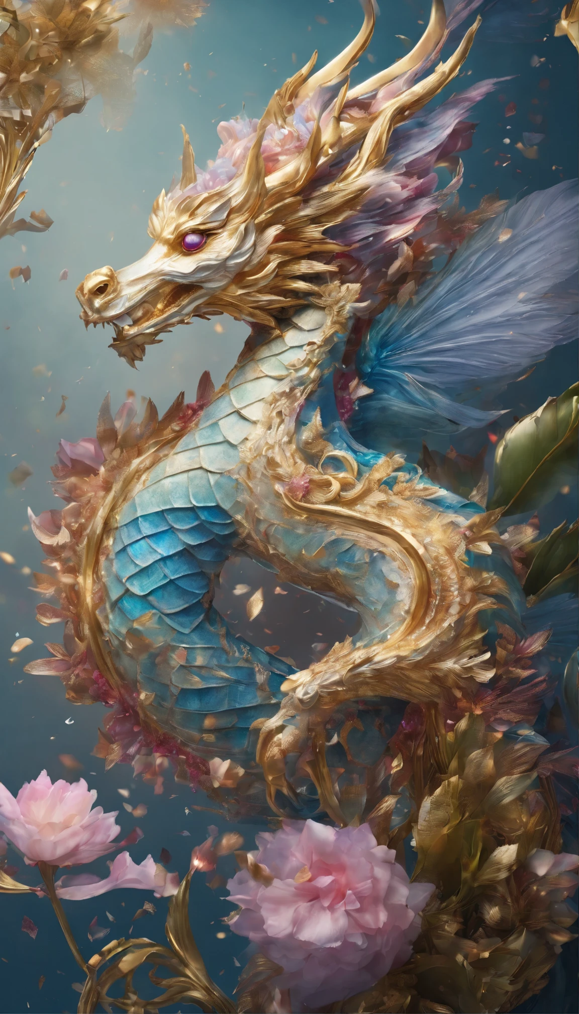All expressed with jewels, the arrival of spring, various beautiful colorfull dragon dancing in the sky, angles looking up from below, various jewels falling from the sky, wonderful and beautiful superb view, slightly hazy, fantastic, high resolution, 8K, (best quality, highres, realistic:1.37), shiny metallic flowers, intricate and delicate petals, reflective surfaces, vibrant colors, intricate details, close-up view, surreal garden, surreal beauty, dreamy atmosphere, fine art, abstract botanicals, metallic sculpture, contrasting textures, ethereal glow