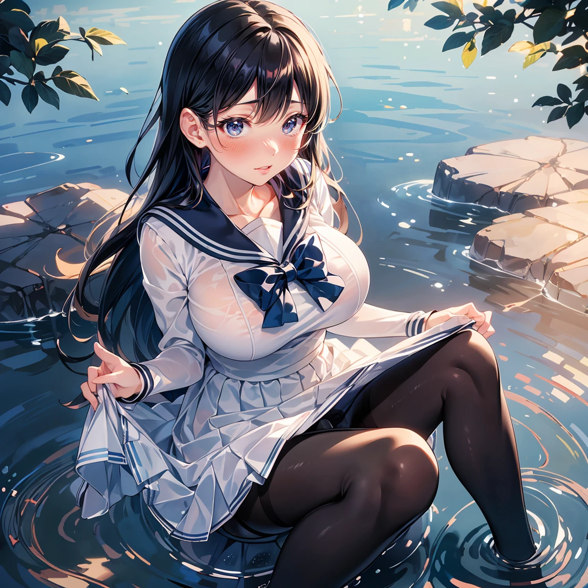 (highest quality), Super detailed), (Ultra High Resolution 8K), High-definition facial beauty, ((Skirt Lift)), A plain girl with glasses, (Big Breasts), (Looking up;1.3), Detailed sailor suit, (Showing panties), (Blushing, Embarrassing), Very hot day, Shade, ((pantyhose, Sit down)), Panties that are damp, Makoto Shinkai Cyril Rolando