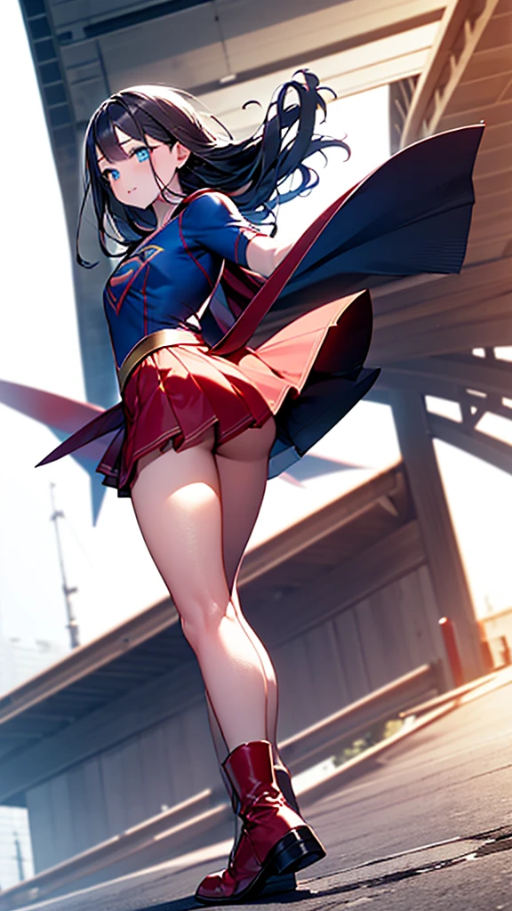 (full body), (masterpiece:1.2), (Highest_quality:1.2), (Ultra_detailed:1.3), 8k,Low - Angle，From below，Big Butt Girl, Medium chest, Pose in front,Bare legs，Red Boots，3D Rendering,( Supergirl)，Black Hair，Long Hair，Blue eyes，Red Skirt，the skirt is short,，A blue leotard is visible under the skirt.，The skirt is blown up by the wind，Red Cape，Gloves，Simple Background，White Background，