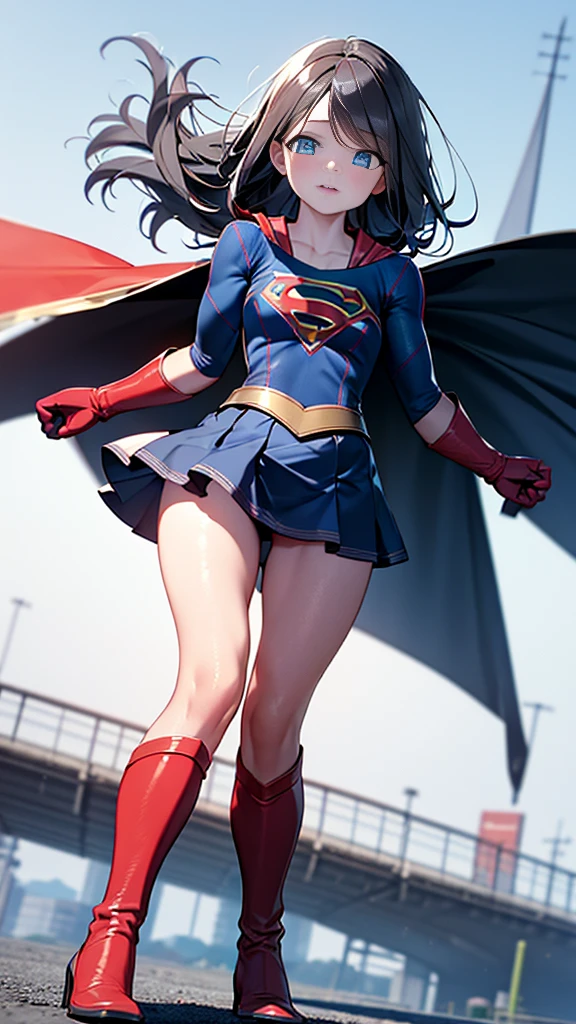 (full body), (masterpiece:1.2), (Highest_quality:1.2), (Ultra_detailed:1.3), 8k,Low - Angle,From below,Big Butt Girl, Medium chest, Pose in front,Bare legs,Red Boots,3D Rendering,( Supergirl),Black Hair,Long Hair,Blue eyes,Red Skirt,the skirt is short,,A blue leotard is visible under the skirt.,The skirt is blown up by the wind,Red Cape,Gloves,Simple Background,White Background,