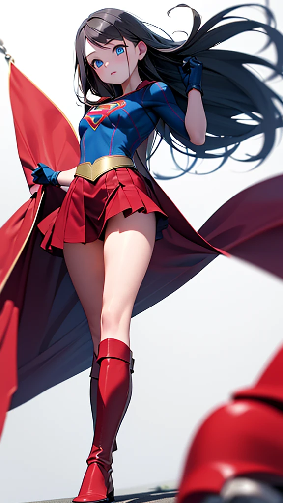 (full body), (masterpiece:1.2), (Highest_quality:1.2), (Ultra_detailed:1.3), 8k,Low - Angle，From below，Big Butt Girl, Medium chest, Pose in front,Bare legs，Red Boots，3D Rendering,( Supergirl)，Black Hair，Long Hair，Blue eyes，Red Skirt，the skirt is short,，A blue leotard is visible under the skirt.，The skirt is blown up by the wind，Red Cape，Gloves，Simple Background，White Background，