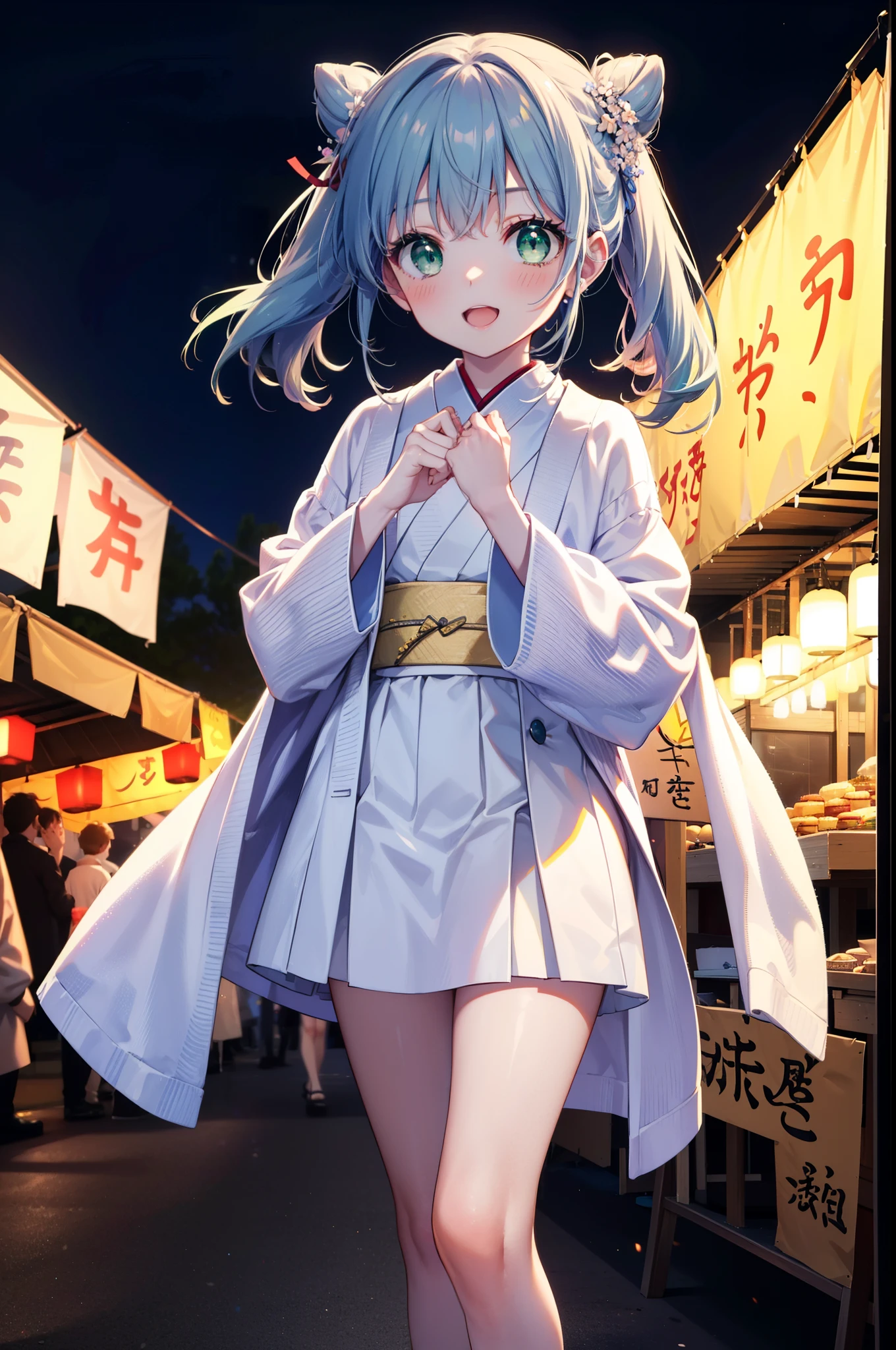 index, index, (Green Eyes:1.5), Blue Hair, Long Hair, (Flat Chest:1.2),smile,blush,Happy atmosphere,Open your mouth,Long Hair,Hair Bun, double  Hair Bun,White bathrobe,Long sleeve,mini skirt,Sandals,night空の花火,Fireworks display,Japanese Festivals,Summer festival food stalls,Red Lantern, night,whole bodyがイラストに入るように,Looking down from above,He is holding cotton candy in his right hand,
break outdoors, shrine,                                              break looking at viewer,whole body,(Cowboy Shot:1. 5)
break (masterpiece:1.2), highest quality, High resolution, unity 8k wallpaper, (shape:0.8), (Beautiful and beautiful eyes:1.6), Highly detailed face, Perfect lighting, Extremely detailed CG, (Perfect hands, Perfect Anatomy),