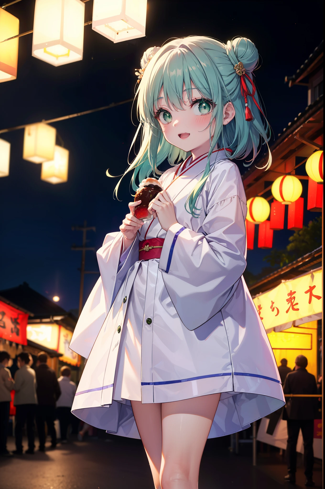 index, index, (Green Eyes:1.5), Blue Hair, Long Hair, (Flat Chest:1.2),smile,blush,Happy atmosphere,Open your mouth,Long Hair,Hair Bun, double  Hair Bun,White bathrobe,Long sleeve,mini skirt,Sandals,night空の花火,Fireworks display,Japanese Festivals,Summer festival food stalls,Red Lantern, night,whole bodyがイラストに入るように,Looking down from above,He is holding cotton candy in his right hand,
break outdoors, shrine,                                              break looking at viewer,whole body,(Cowboy Shot:1. 5)
break (masterpiece:1.2), highest quality, High resolution, unity 8k wallpaper, (shape:0.8), (Beautiful and beautiful eyes:1.6), Highly detailed face, Perfect lighting, Extremely detailed CG, (Perfect hands, Perfect Anatomy),