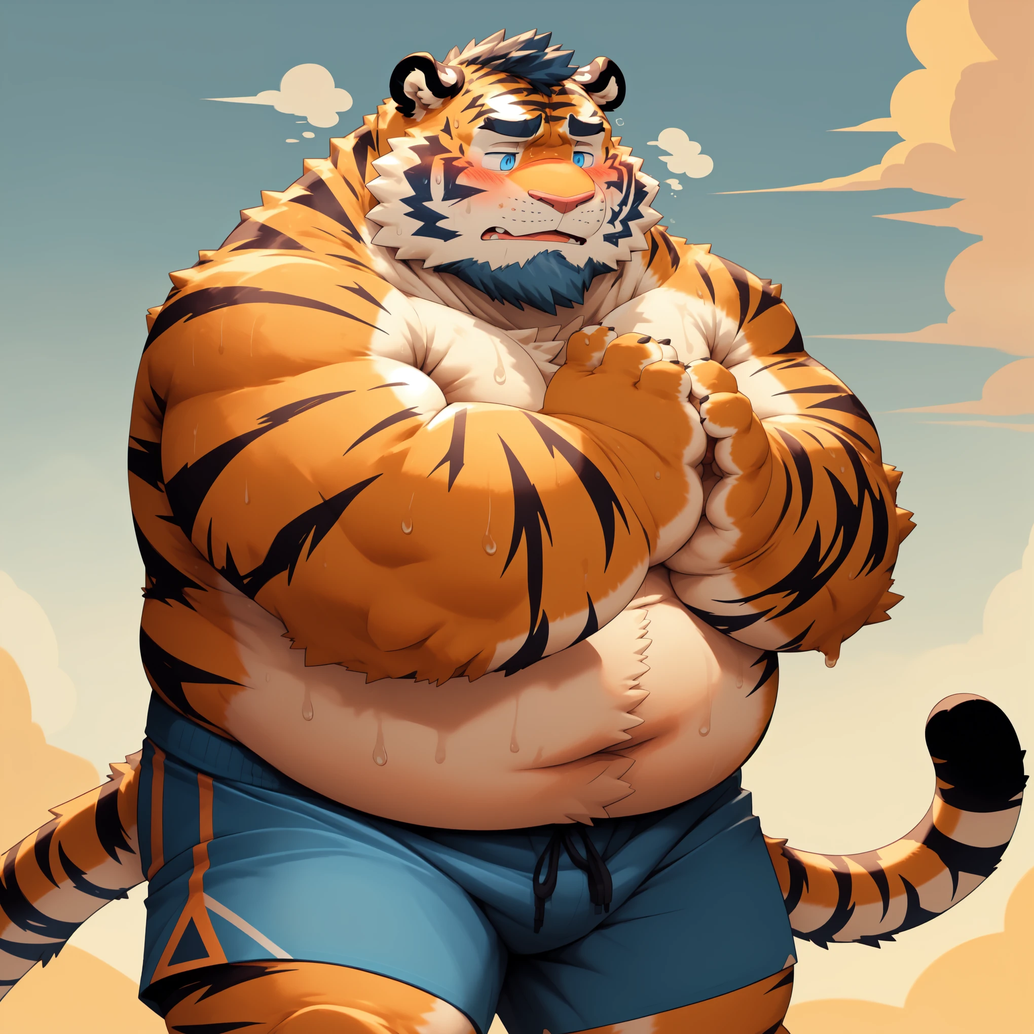 New Jersey 5 Furry,Tiger,Solitary,Chubby,Fat,Thick arms,Rugged muscles,shorts,orange Plush fur,Chubby Face,Black eyebrows,Sky blue eyes,Beard,(topless,shorts),(blush),(Sweating),Pinching face with both hands，Chin on both hands