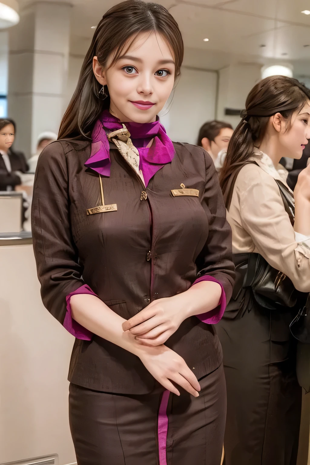 (masterpiece:1.2、highest quality:1.2)、32K HDR、High resolution、(alone、1 girl、Slim figure)、（A realistic reproduction of the ETIHAD Airways Cabincrew Uniform）、 (At the airport lounge, Professional Lighting)、Airport lounge wall background、A proper woman, Beautiful Face,、（Long sleeve ETIHAD Airways Cabincrew Uniform）、（ETIHAD Airways Cabincrew Uniform skirt with purple stripe on the front）、（scarf on chest）、Big Breasts、（Chignon、Long hair updo、Hair Bun）、Dark brown hair、Long Shot、（（Great hands：2.0））、（（Harmonious body proportions：1.5））、（（Normal limbs：2.0））、（（Normal finger：2.0））、（（Delicate eyes：2.0））、（（Normal eyes：2.0））)、Beautiful standing posture、smile、Place your hands around your stomach
