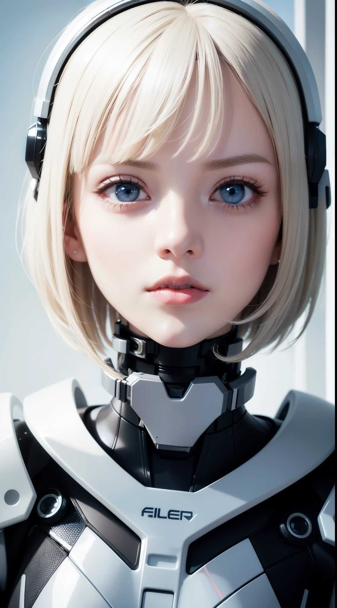 Arafed Cyborg with high resolution white plastic details, Red lipstick and light blue eyes，Beautiful big eyes，15-year-old girl，Bust Shot，Looking into the camera，Look straight ahead，Short Hair，Beautiful nose，Fuller lips，Portrait.