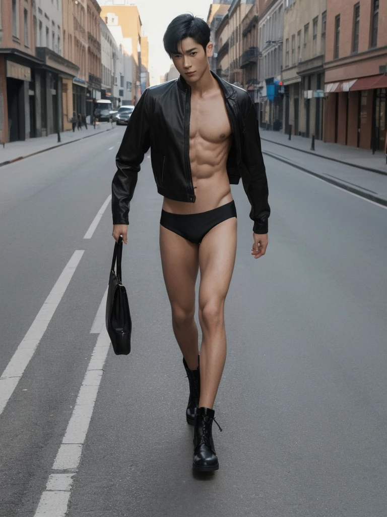 1boy,one handsome man,Asian,(head turned, looking at viewer:1.5),(short black hair:1.3),perfect hands,five fingers on each hand,black boots,(sexy bikini underwear:1.3), shirtless, topless,muscular,(walking on the street:1.5),street,day,daytime,natural lighting,outdoor,best quality,masterpiece,ultra highres,photorealistic,realistic,