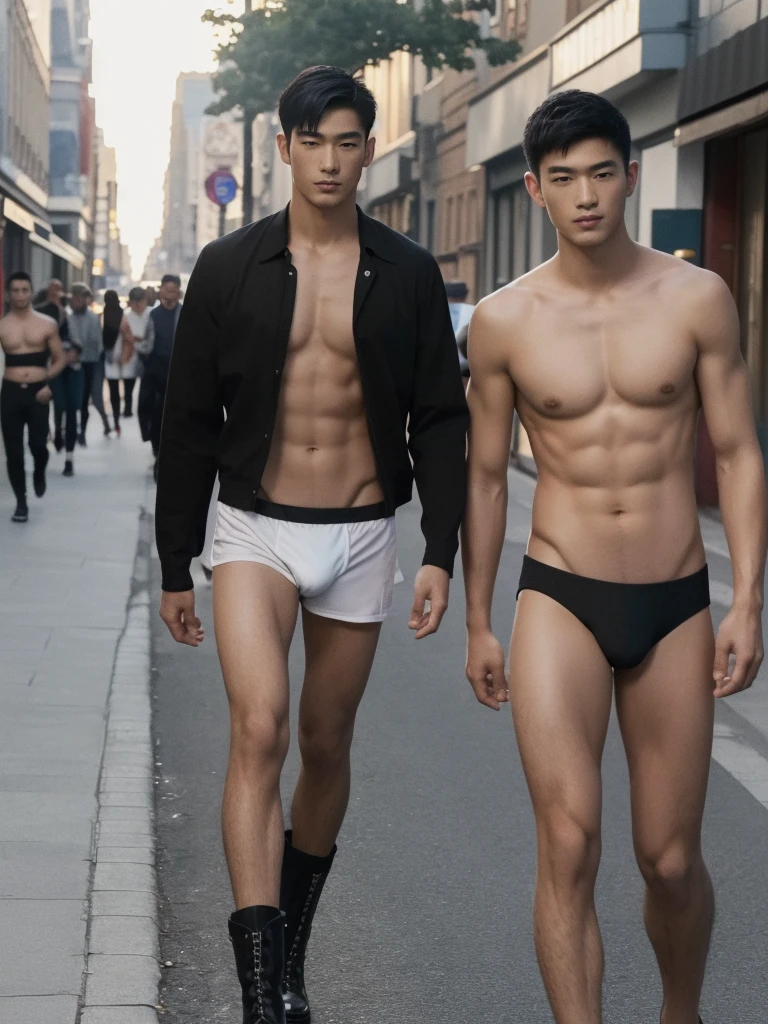 1boy,one handsome man,Asian,(head turned, looking at viewer:1.5),(short black hair:1.3),perfect hands,five fingers on each hand,black boots,(sexy bikini underwear:1.3), shirtless, topless,muscular,(walking on the street:1.5),street,day,daytime,natural lighting,outdoor,best quality,masterpiece,ultra highres,photorealistic,realistic,