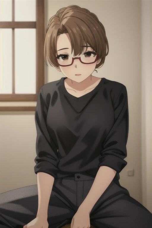 beautiful, masterpiece, highest quality, Highly detailed face,  Perfect lighting, One girl, alone,  Giovanna MS, Cowboy Shot, White shirt, Black trousers, Sitting, Spread your legs