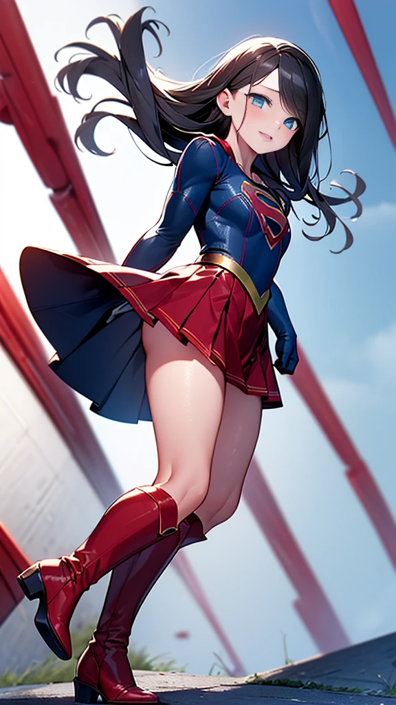 (full body), (masterpiece:1.2), (Highest_quality:1.2), (Ultra_detailed:1.3), 8k,Low - Angle，From below，Big Butt Girl, Medium chest, Pose in front,Bare legs，Red Boots，3D Rendering,( Supergirl)，Black Hair，Long Hair，Blue eyes，Red Skirt，the skirt is short,，A blue leotard is visible under the skirt.，The skirt is blown up by the wind，Red Cape，Gloves，Simple Background，White Background，