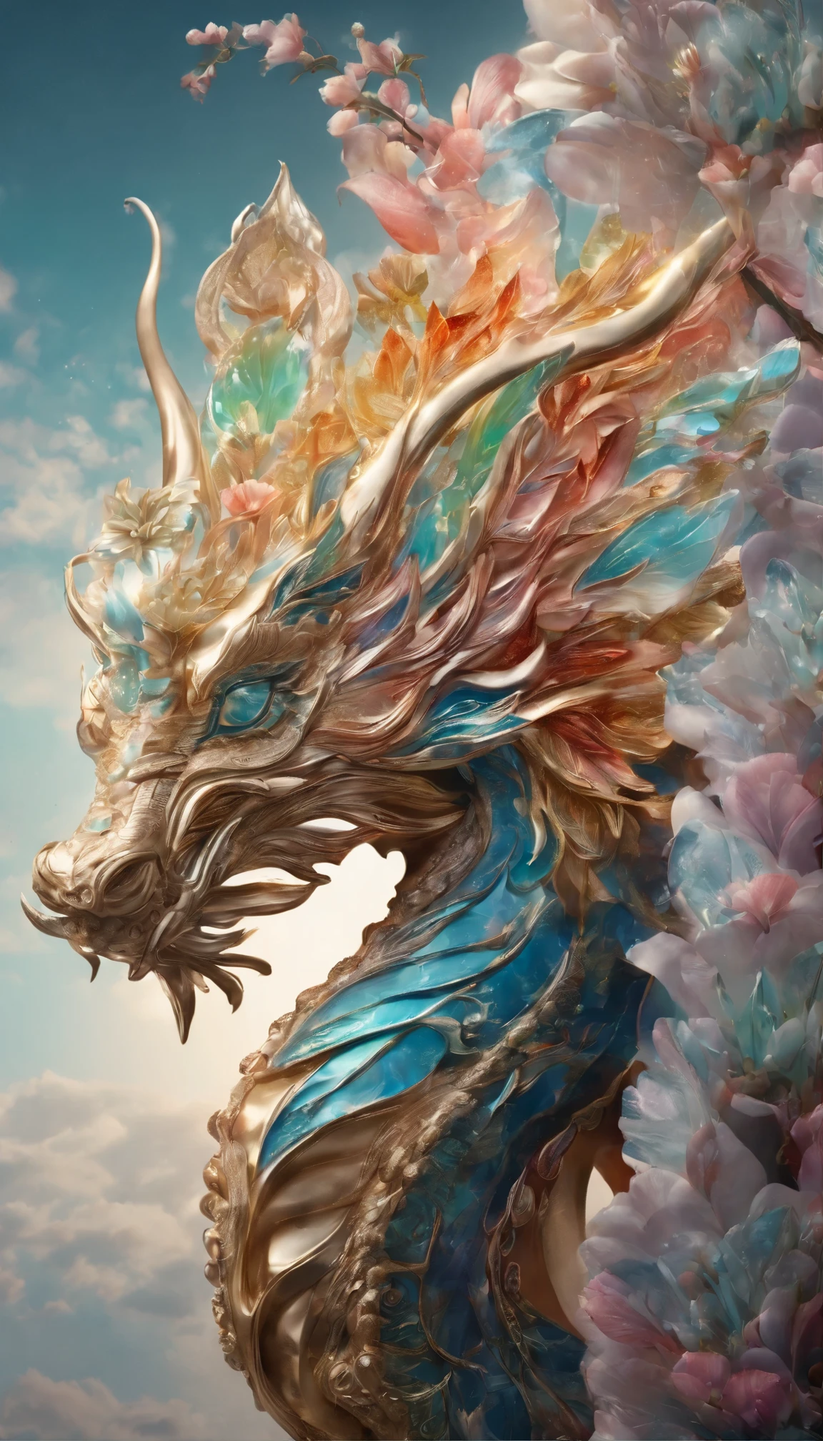 All expressed with jewels, the arrival of spring, various beautiful colorfull dragon dancing in the sky, angles looking up from below, various jewels falling from the sky, wonderful and beautiful superb view, slightly hazy, fantastic, high resolution, 8K, (best quality, highres, realistic:1.37), shiny metallic flowers, intricate and delicate petals, reflective surfaces, vibrant colors, intricate details, close-up view, surreal garden, surreal beauty, dreamy atmosphere, fine art, abstract botanicals, metallic sculpture, contrasting textures, ethereal glow