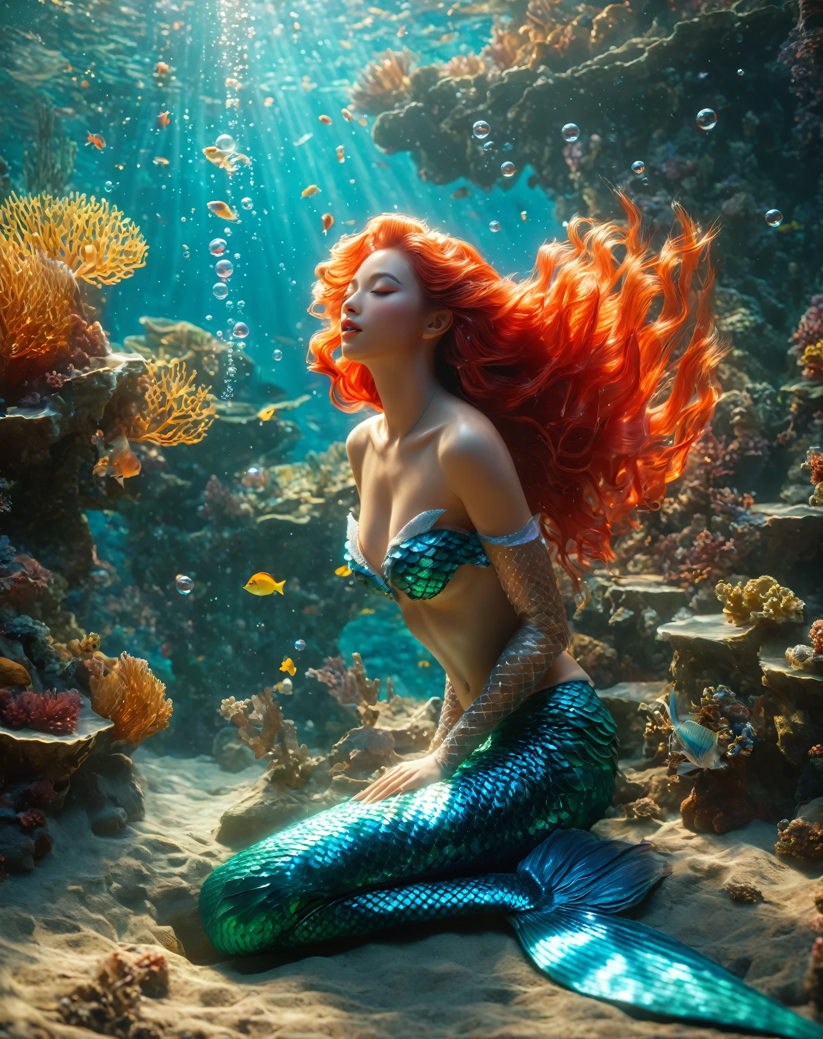 a beautiful mermaid singing with head tilted back and eyes closed, solo，full body portrait, intricate fish scale patterned tight fitting top, semi-transparent silk long sleeves, sitting on coral, beautiful fish tail, red hair, bubbles, luxurious underwater coral world, lighting effects, xianxia，anatomically correct，((Best quality)), ((Masterpiece)), ((Realistic))，anatomically correct，Nikon Z7 II camera, Fujifilm Velvia 50 film, 50mm lens, high saturation, extremely hyper aesthetic intricate detailed, sharp focus, bewitching lighting, trending on artstation,  cinematic lighting, unreal engine, octane render, full body shot, HDR, Unreal Engine 5, Octane Render, Cinematic, 32k, Natural Lighting, Ray Tracing Global Illumination, Digitally Enhanced, PhotoReal, Hyperdetailed, VFX, High Fidelity, expressive, dynamic pose, cinematic look,  highly detailed, Cinestill 800T, sharp focus, intricate details, insanely detailed, Photorealism, High detail + Sony Alpha α7, sci - go cinematic style, volumetric lighting, zoomed out, action pose, sharp focus, dramatic lighting, centered, post processing, color grading, Redshift Render, ray tracing, epic,  magnificent background, serene and enigmatic expression, 