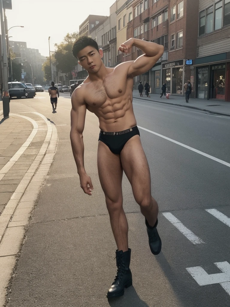 1boy,one handsome man,Asian,(head turned, looking at viewer:1.5),(short black hair:1.3),perfect hands,five fingers on each hand,black boots,(sexy bikini underwear:1.3), shirtless, topless,muscular,(manly pose  on the street:1.5),street,day,daytime,natural lighting,outdoor,best quality,masterpiece,ultra highres,photorealistic,realistic,