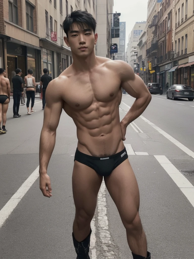 1boy,one handsome man,Asian,(head turned, looking at viewer:1.5),(short black hair:1.3),perfect hands,five fingers on each hand,black boots,(sexy bikini underwear:1.3), shirtless, topless,muscular,(manly pose  on the street:1.5),street,day,daytime,natural lighting,outdoor,best quality,masterpiece,ultra highres,photorealistic,realistic,