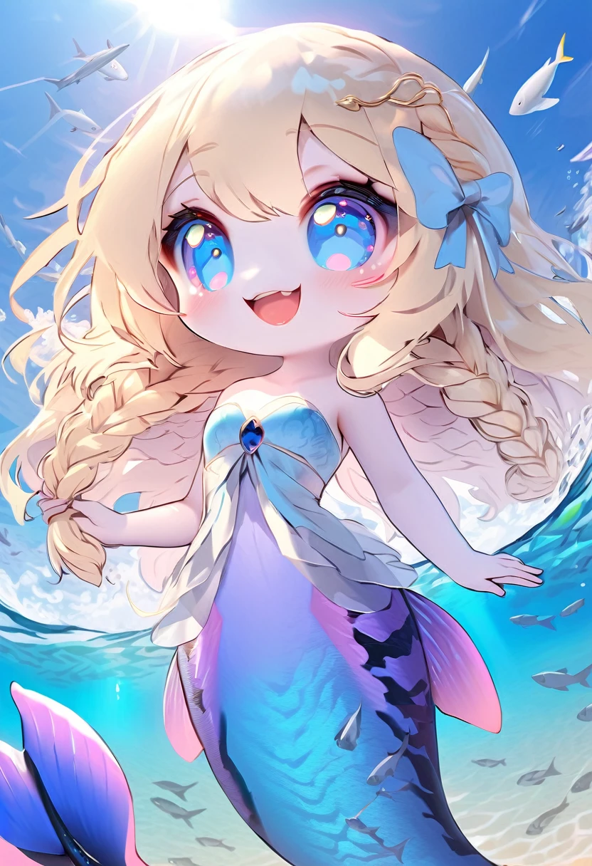 1female\(upper-body kitten,lower-body fish,mermaid,beautiful scale reflecting prism,beautiful tail fin reflecting prism,cute,kawaii,age of 10,long braid hair,blonde,singing beautiful song,eye color ocean blue,big eyes,dynamic pose,big smile,open mouth\), BREAK ,background\(under the beautiful clean sea,beautiful fishes,big ship\), BREAK ,quality\(8k,wallpaper of extremely detailed CG unit, ​masterpiece,hight resolution,top-quality,top-quality real texture skin,hyper realisitic,increase the resolution,RAW photos,best qualtiy,highly detailed,the wallpaper,cinematic lighting,ray trace,golden ratio\),dynamic angle,lamdscape