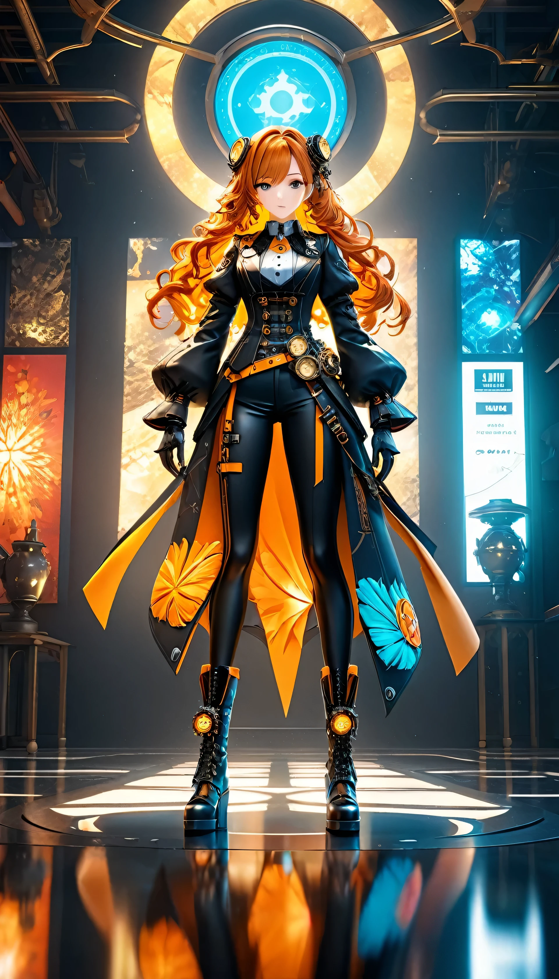 (Masterpiece, professional work, award winning), ultra realistic illustration, centered, mid shot, full body front view, looking toward camera, biochemical android steampunk, dynamic pose, orange long wavy hair, expressive, beautiful bang, ultra detailed steampunk museum vibrant colors create a hype realistic color splash art, Unreal minimalism with octane render creates depth of field with bokeh. Style: A sculpture made with bronze, using a combination of traditional techniques and 3D modeling, (Ultra detailed, finest detail, intricate), (Epic composition, epic proportion, epic fantasy), cinematic lighting, volumetric lighting, studio lighting, neon light, global illumination, (depth of field:0.4, blur, bloom:0.2), reflection, hard shadow, contrast, vibrant color, RAW photo, photography, UHD,