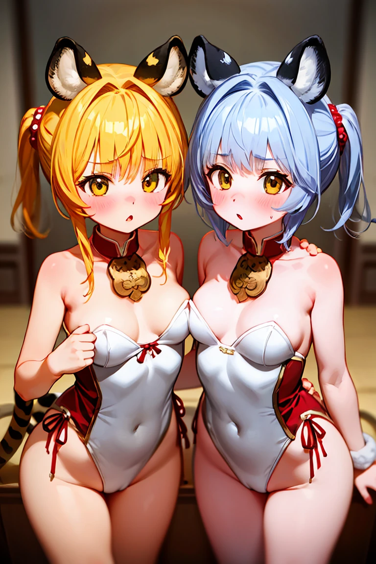 high resolution,Bai & Huang,Tiger Ears,Browsing Caution,((Two Girls))2 girls,Blonde girl,Silver Haired Girl,,chest,Pointed chest,chestの谷間,Underbust,Side Bust Barbosa,(blush),((Embarrassing)),strapless leotard,Gloss,Sweat,