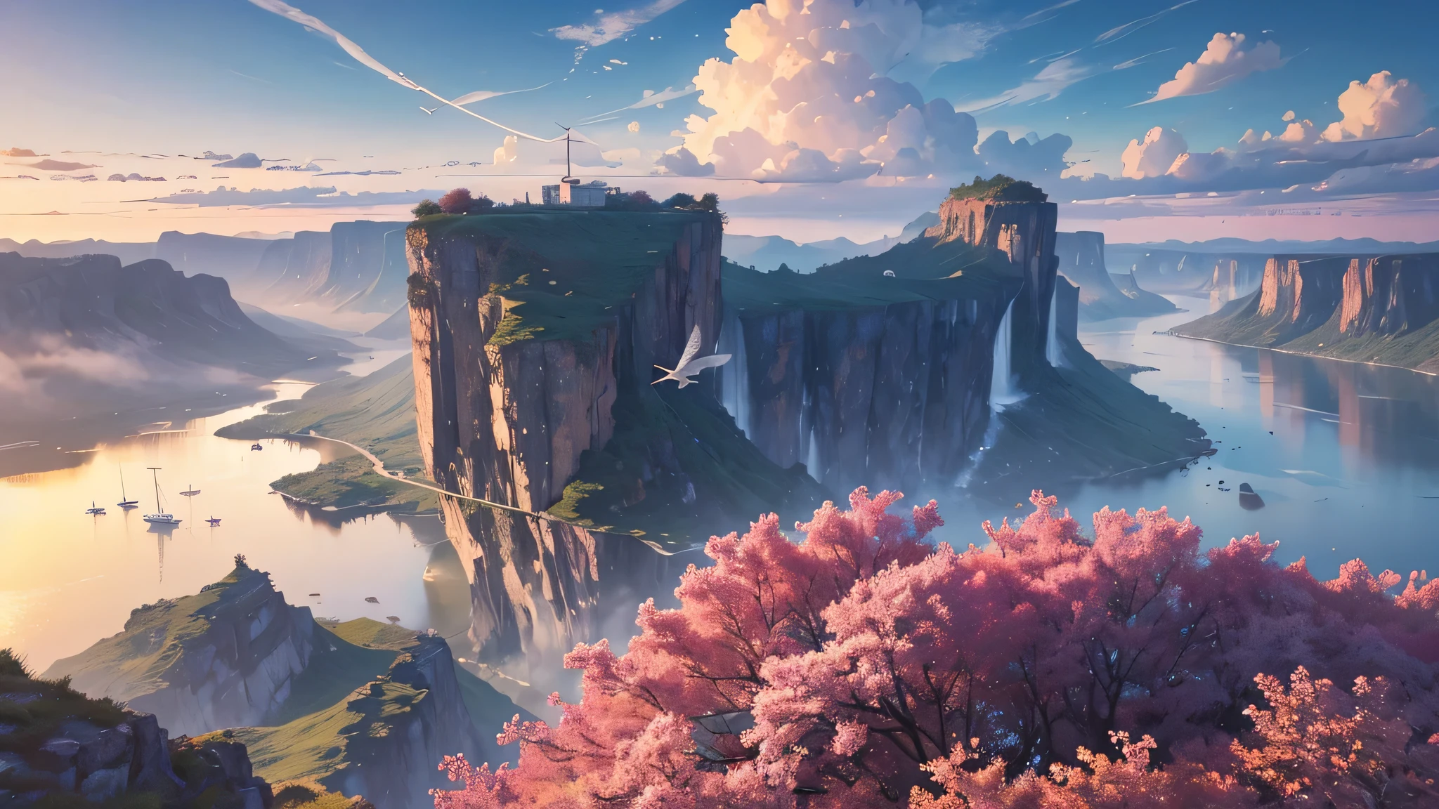 illustration，Flat Wind，Wonderland-like scenery，high resolution，Flying Crane，HD pictures，Rich in details，Bright colors，Wide viewing angle，panoramic，high resolution，HD pictures，Rich in details，Vibrant Colors，Vista composition。