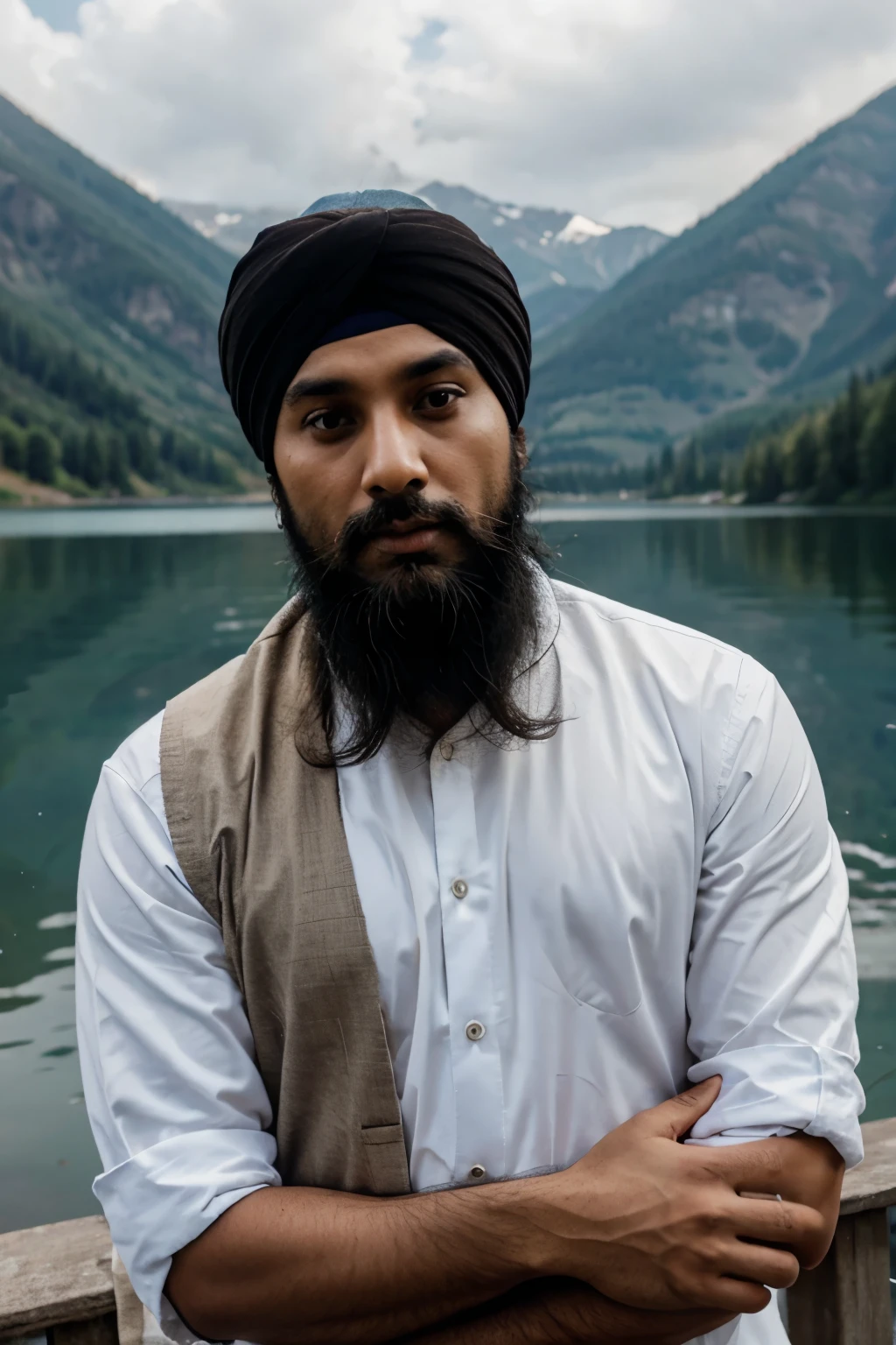 Sikh man alone near lake