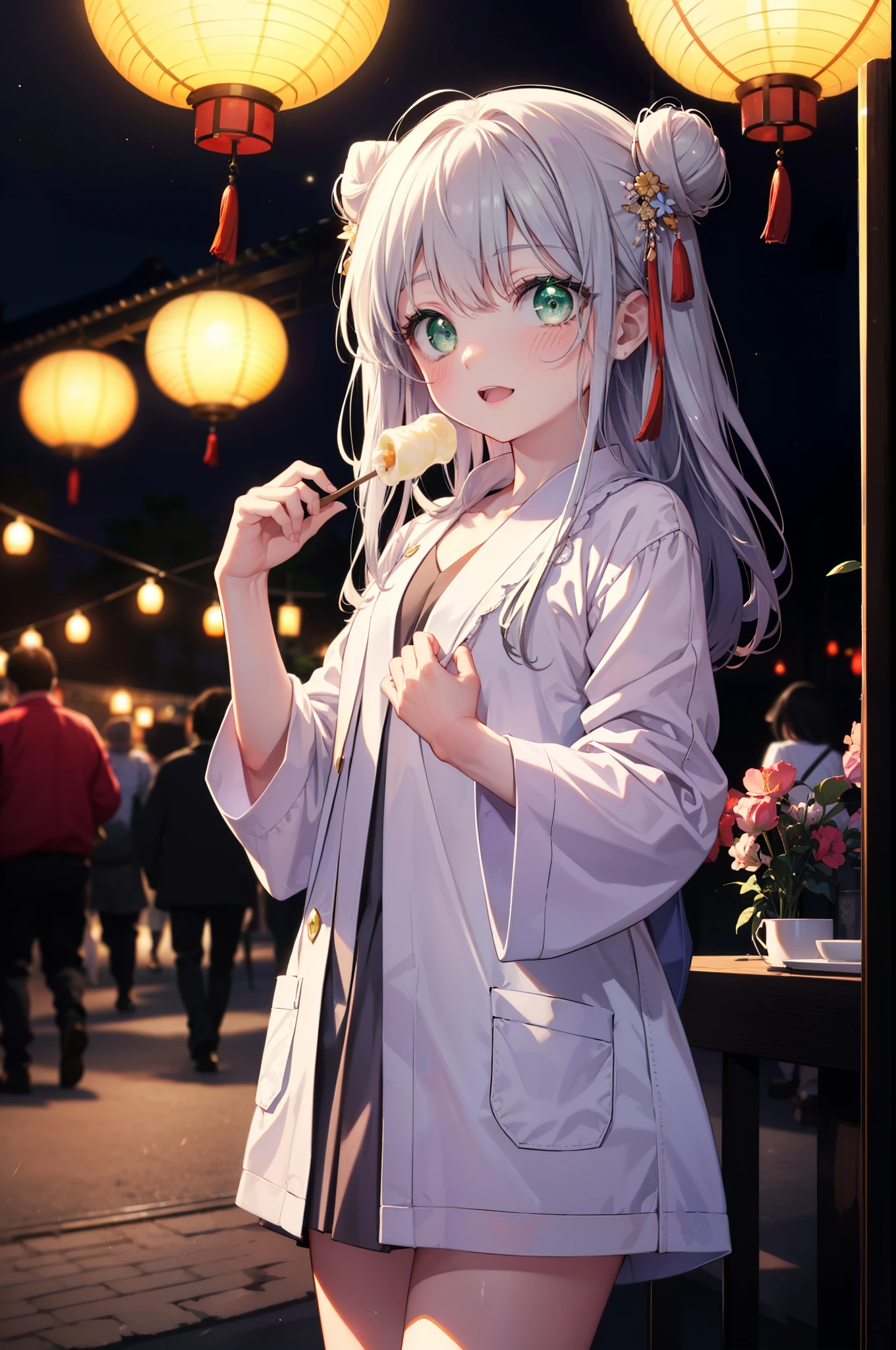 index, index, (Green Eyes:1.5), Silver Hair, Long Hair, (Flat Chest:1.2),smile,blush,Happy atmosphere,Open your mouth,Long Hair,Hair Bun, double  Hair Bun,White bathrobe,Long sleeve,mini skirt,Sandals,night空の花火,Fireworks display,Japanese Festivals,Summer festival food stalls,Red Lantern, night,whole bodyがイラストに入るように,Looking down from above,He is holding cotton candy in his right hand,
break outdoors, shrine,                                              break looking at viewer,whole body,(Cowboy Shot:1. 5)
break (masterpiece:1.2), highest quality, High resolution, unity 8k wallpaper, (shape:0.8), (Beautiful and beautiful eyes:1.6), Highly detailed face, Perfect lighting, Extremely detailed CG, (Perfect hands, Perfect Anatomy),