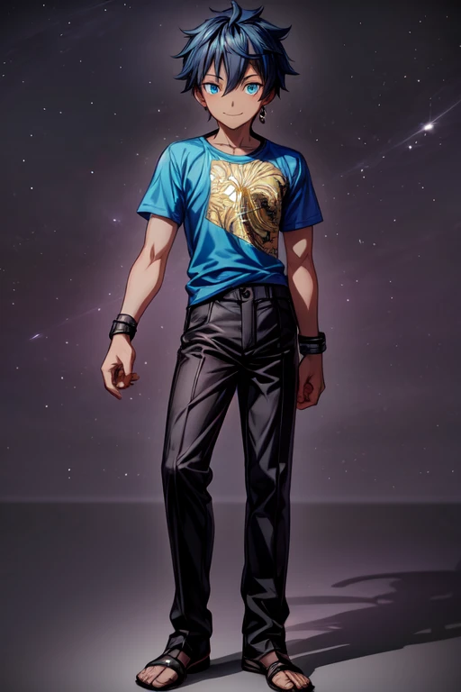 Full body of African boy in anime style:1.2, fashioned by force and sharp nails, in an African T-shirt and black trousers, in a dark environment with strong contrast. Soft face, Several marks on the right and left arms., no marks on the face, smiling.